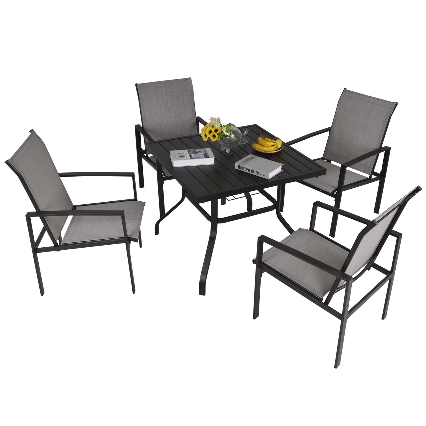 5pc Patio Garden Table Set Outdoor Furniture Dining Set w/ Metal Slat Finish and 1.75" Umbrella Hole for Backyard Porch, Grey