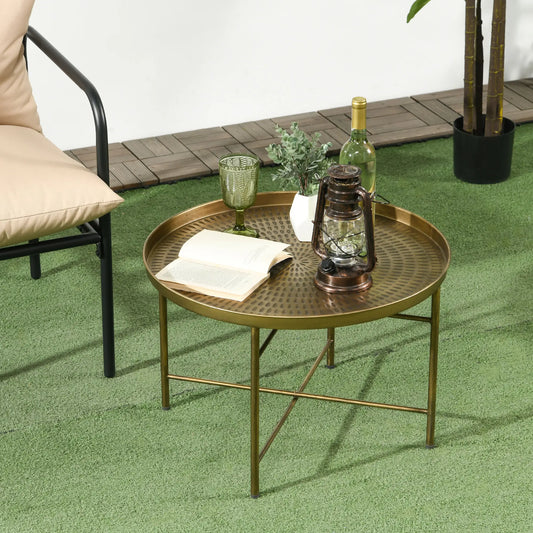 Vintage Style Coffee Table, 24" Round Center Table with Hammered Tray Top and Metal Frame, Gold