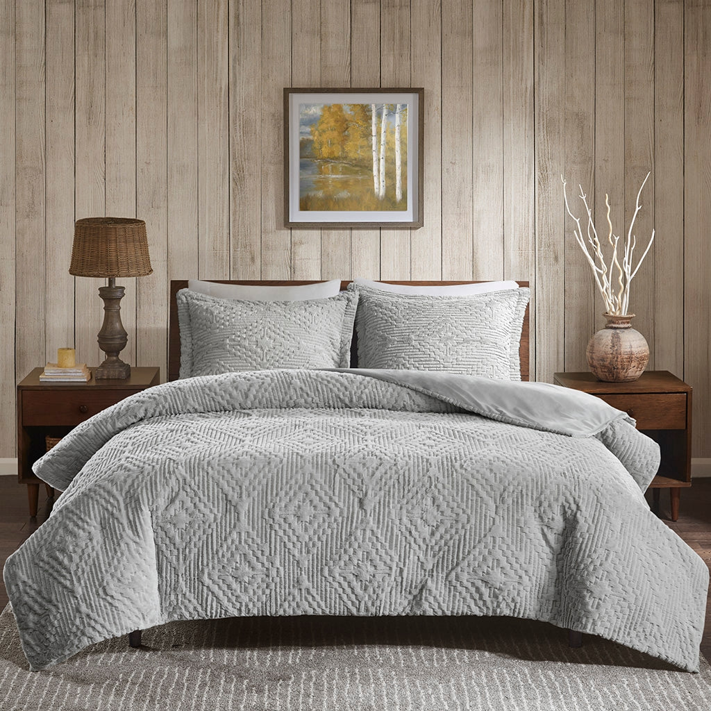 Plush Embroidered 3-Piece Coverlet Mini Set, Grey,Full/Queen