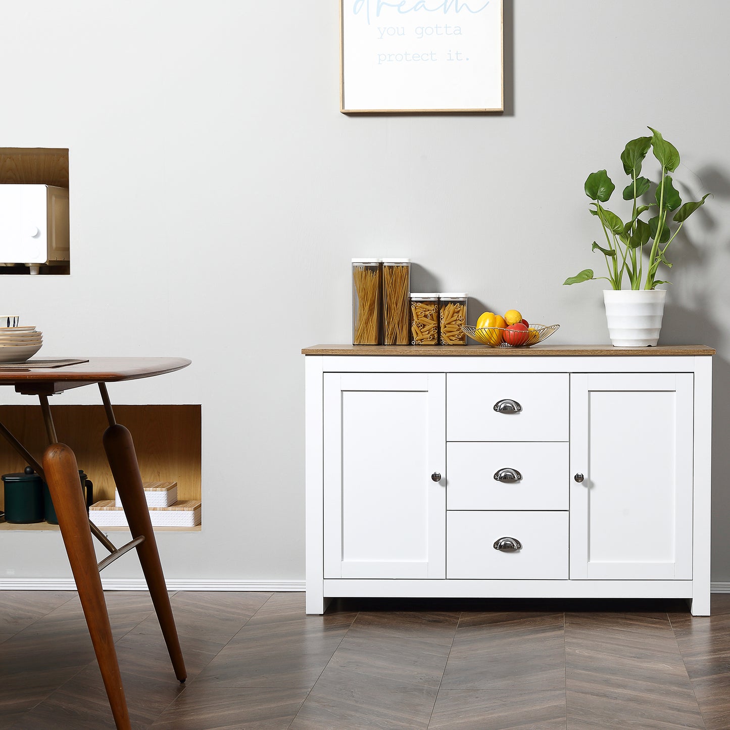 Modern Sideboard Cabinet or Kitchen Buffet Cabinet with 3 Drawers and Adjustable Shelves, Buffets Tables, White