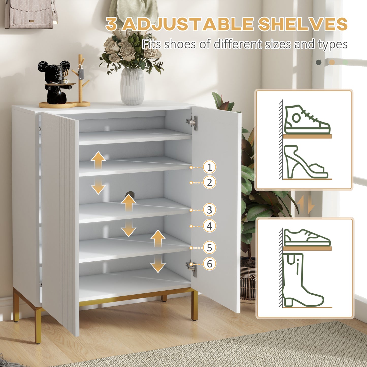 Narrow Shoe Storage Cabinet with Adjustable Shelves and Soft-Close Hinges, for 15-20 Pairs of Shoes, White