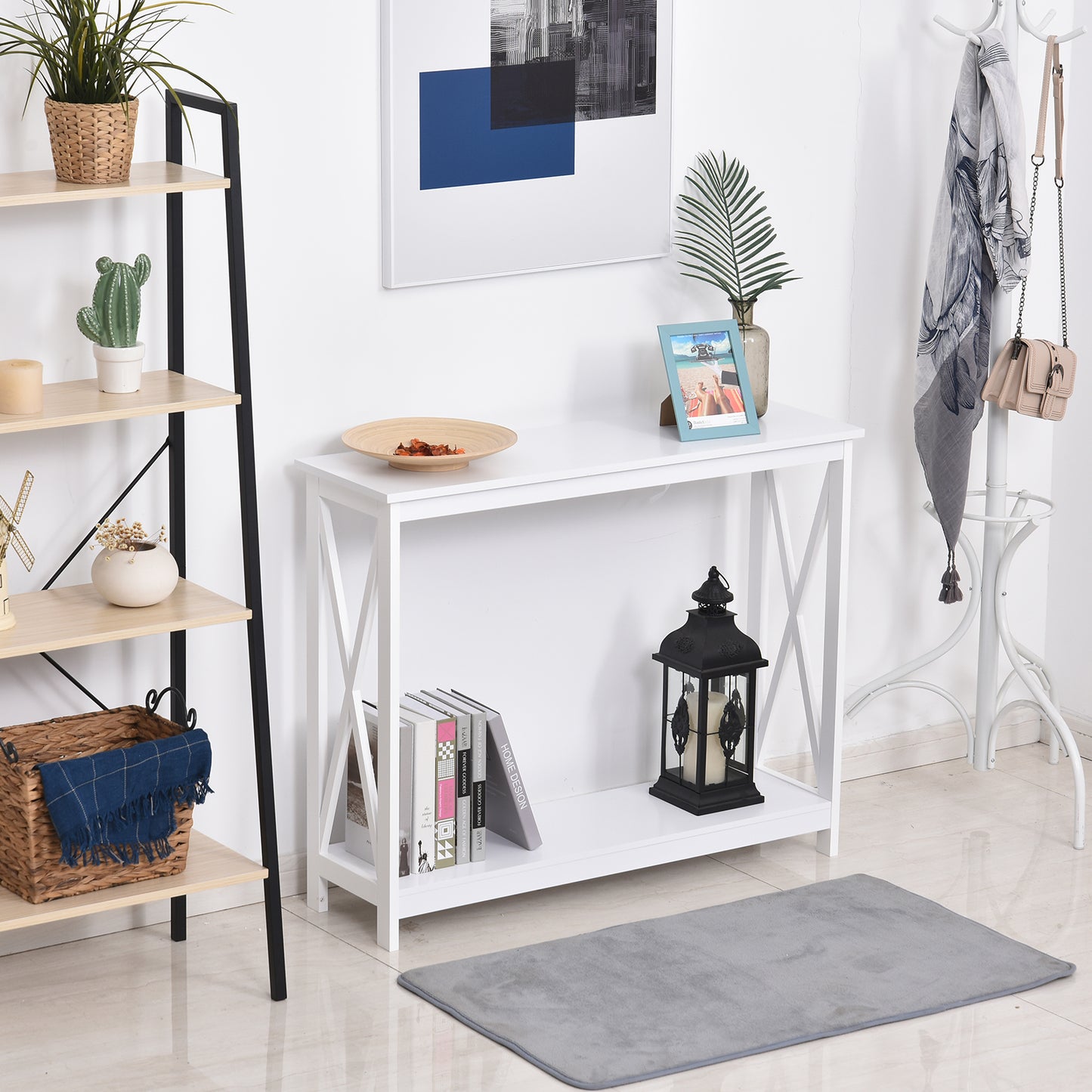 2 Tier X-Design Console Table Sofa Side Table w/Storage Shelf for Living Room Entryway, White