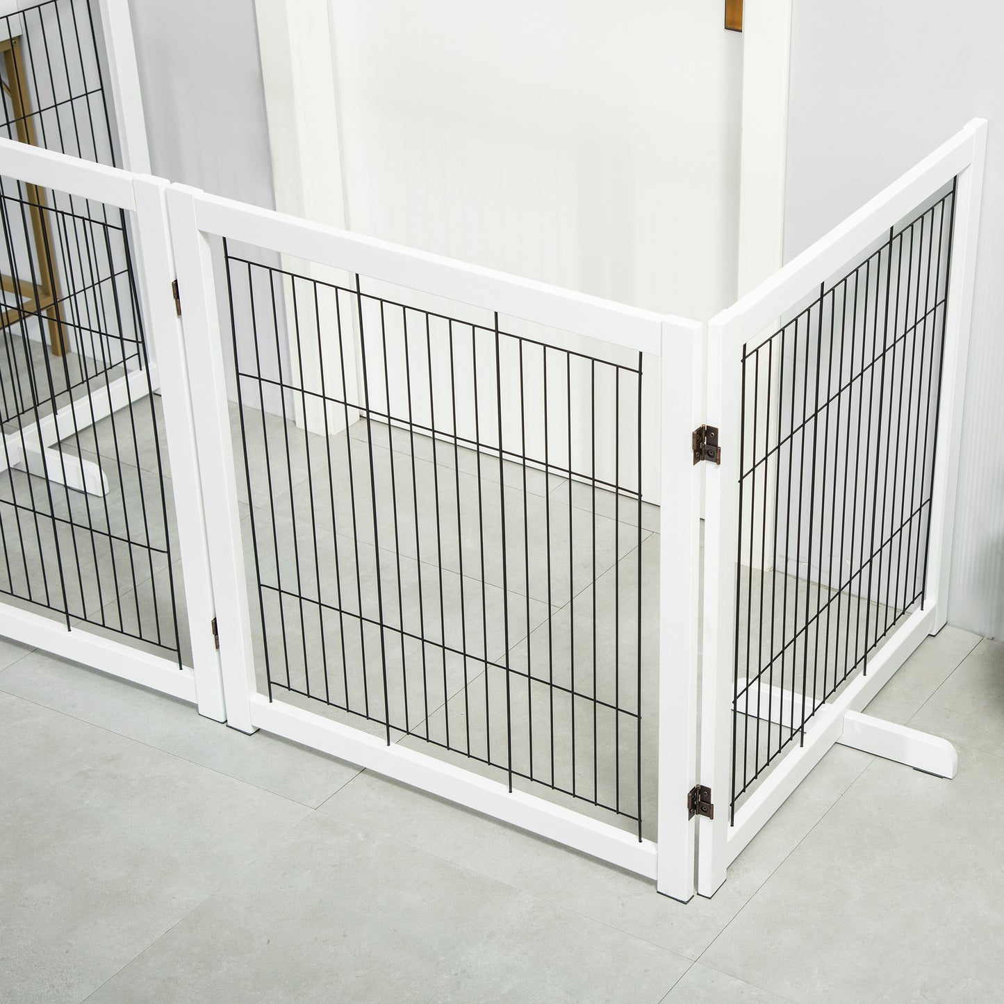 Wooden Dog Gate Foldable Pet Fence for Small & Medium Dogs 4 Panel with Support Feet Freestanding Safety Barrier for House Doorway Stairs White