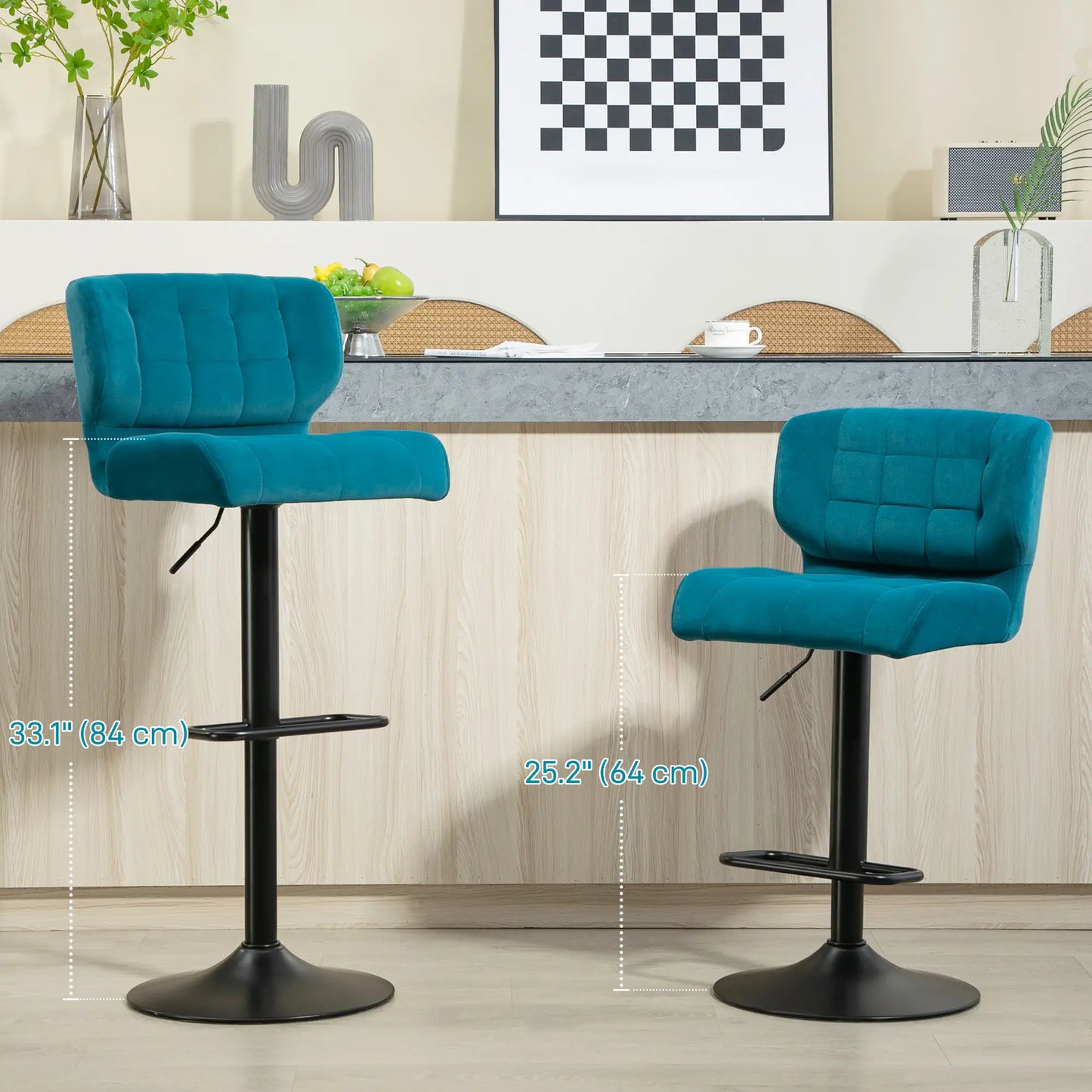 Swivel Tufted Velvet-feel Fabric Barstools Set of 2, Height Adjustable with Footrest Blue