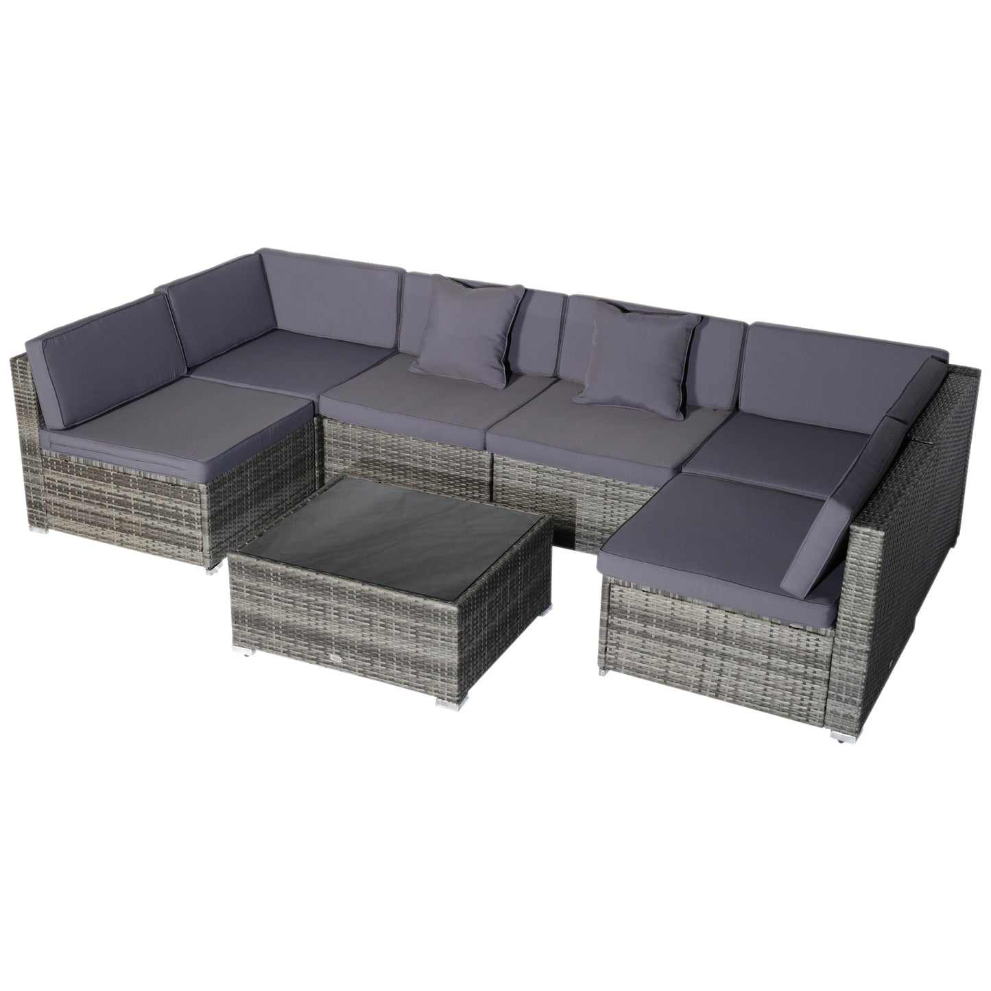 7pc Garden Wicker Sectional Set w/ Tea Table Patio Rattan Lounge Sofa with Cushion, Dark Grey