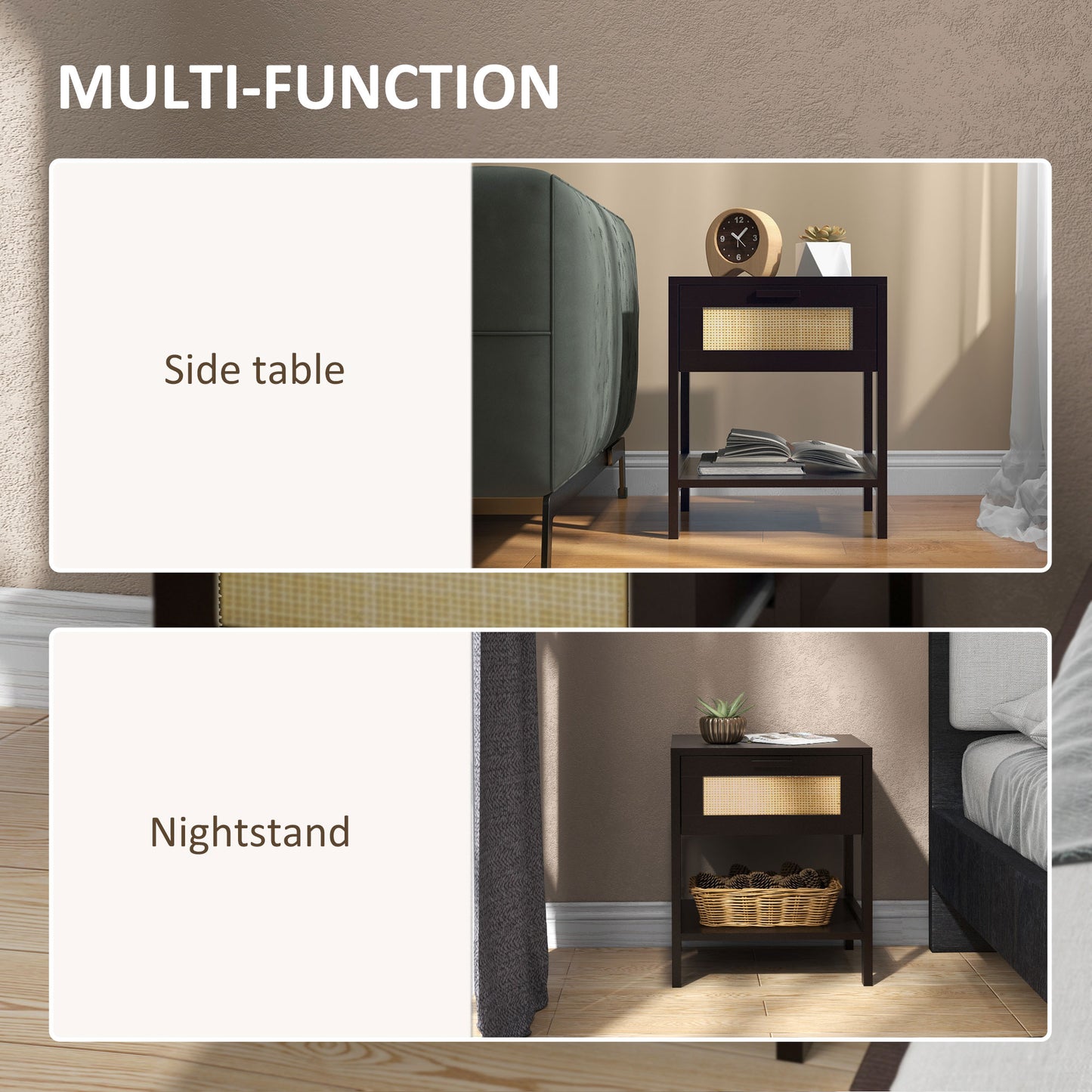 Modern Bedside Table, Accent Nightstand with Drawer and Open Shelf, Bed End Table for Bedroom, Living Room, Black