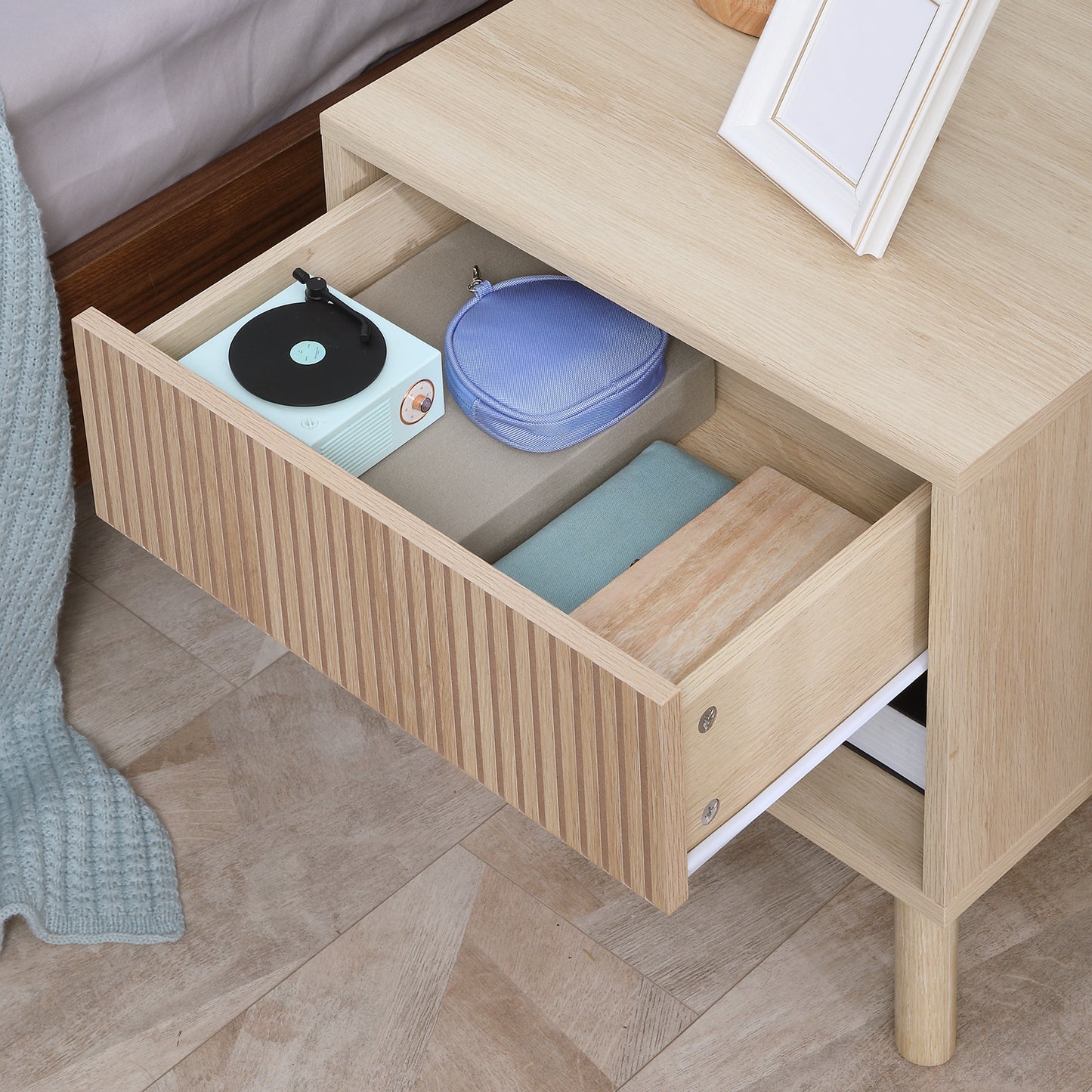 Modern Bedside Table with Drawer and Open Shelf, Sofa Side Table for Bedroom Living Room, Natural