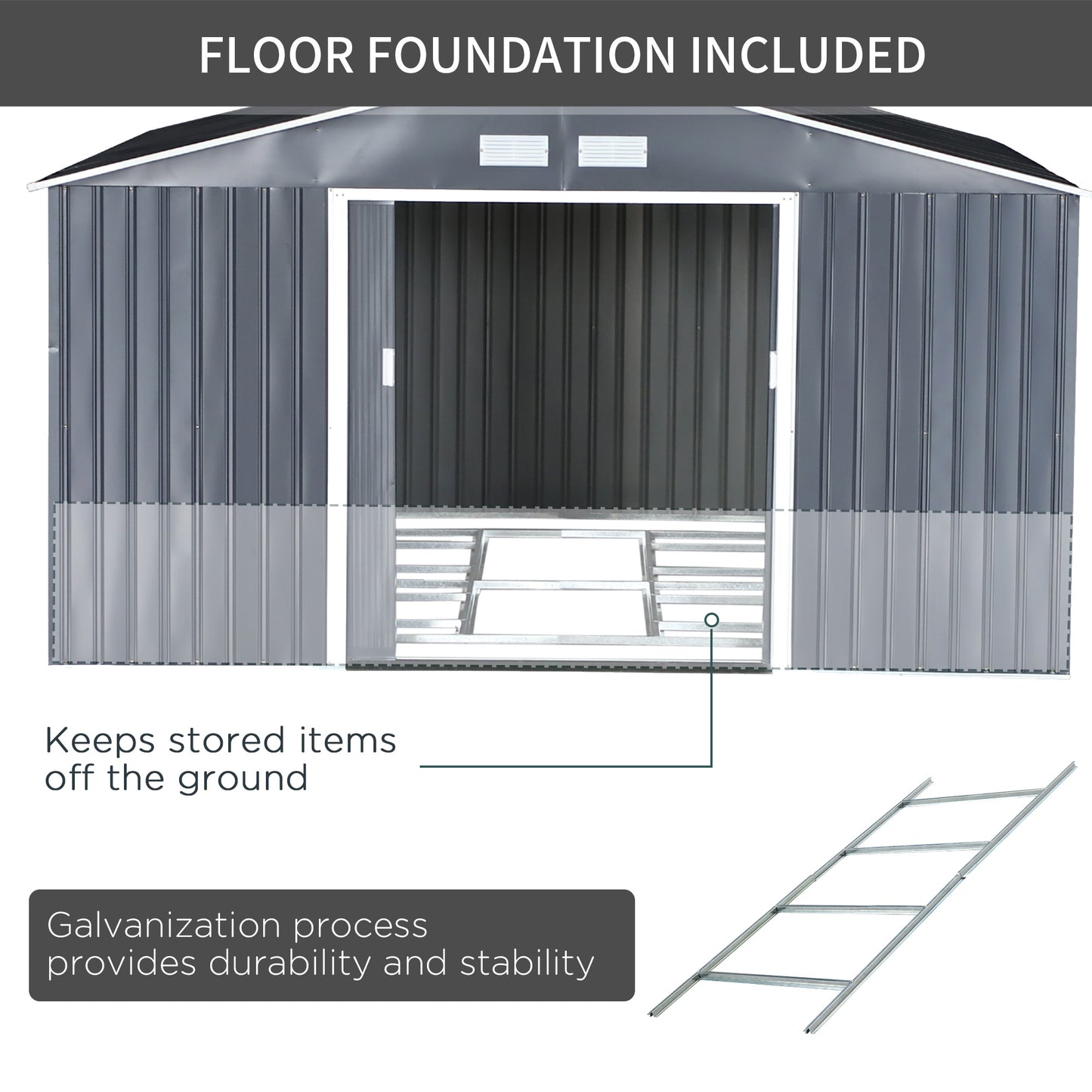 Outsunny 11.2ft x 12.5ft Practical Backyard Garden Storage Tool Shed 4 Ventilation Slots Double Sliding Door, Grey