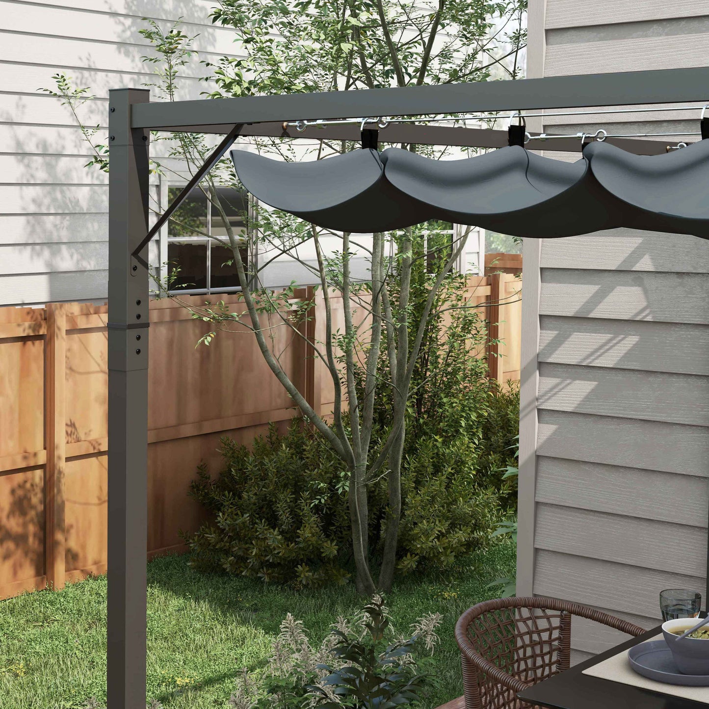 Metal Pergola with Retractable Roof, 10' x 10' Wall Mounted Outdoor Gazebo Sun Shade Shelter