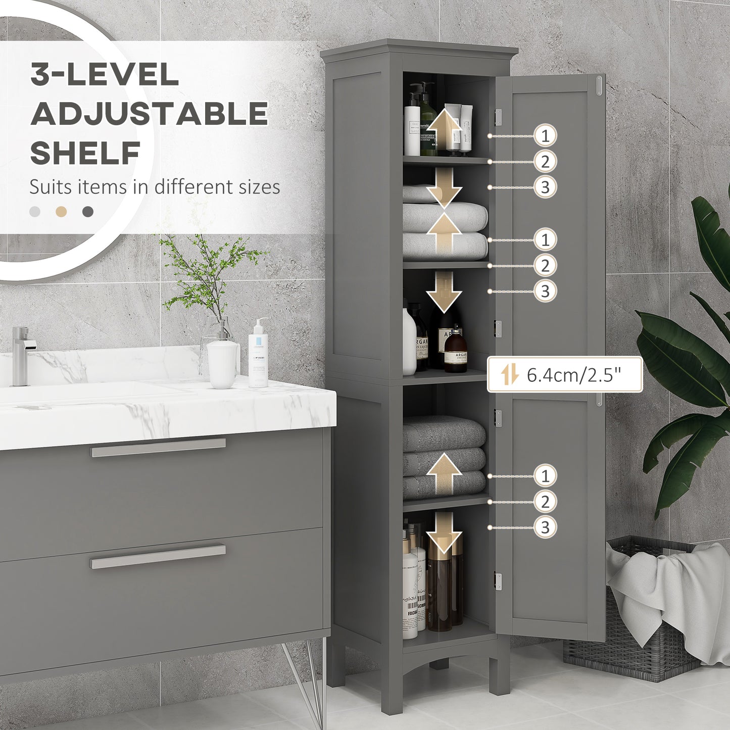 Tall Bathroom Cabinet, Freestanding Storage Organizer with Adjustable Shelves and Cupboards, 15" x 13" x 63", Grey