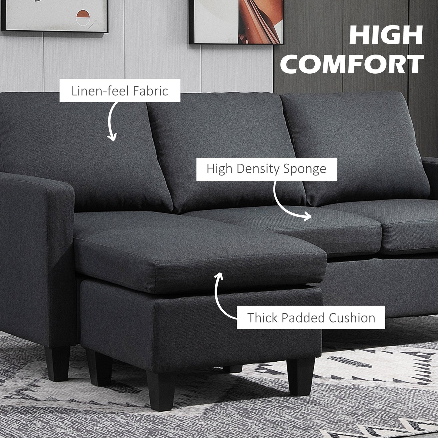 L Shape Sofa, Modern Sectional Couch with Reversible Ottoman, Convertible Corner Sofa for Living Room, Dark Grey