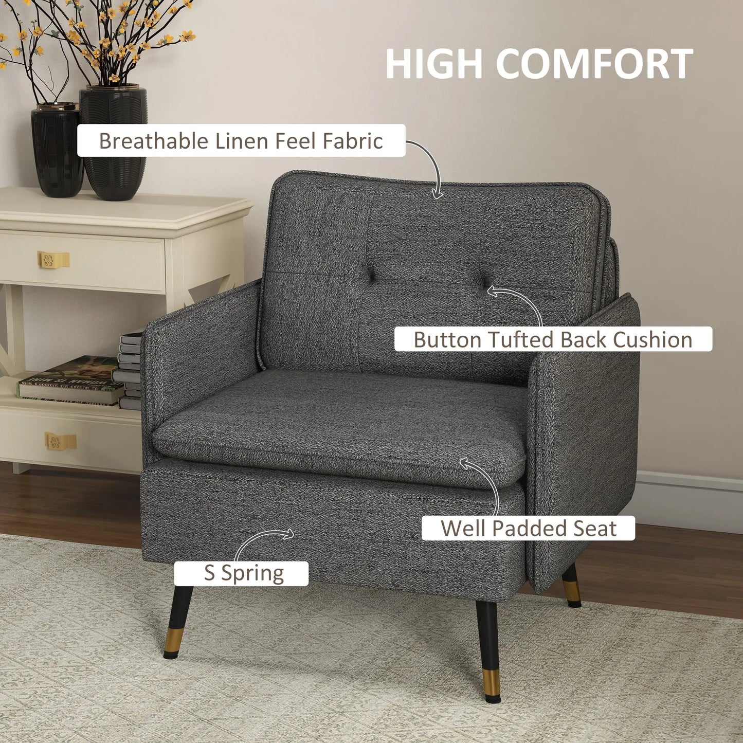 Modern Armchair, Upholstered Accent Chair with Tufted Back Cushion and Steel Legs in Dark Grey