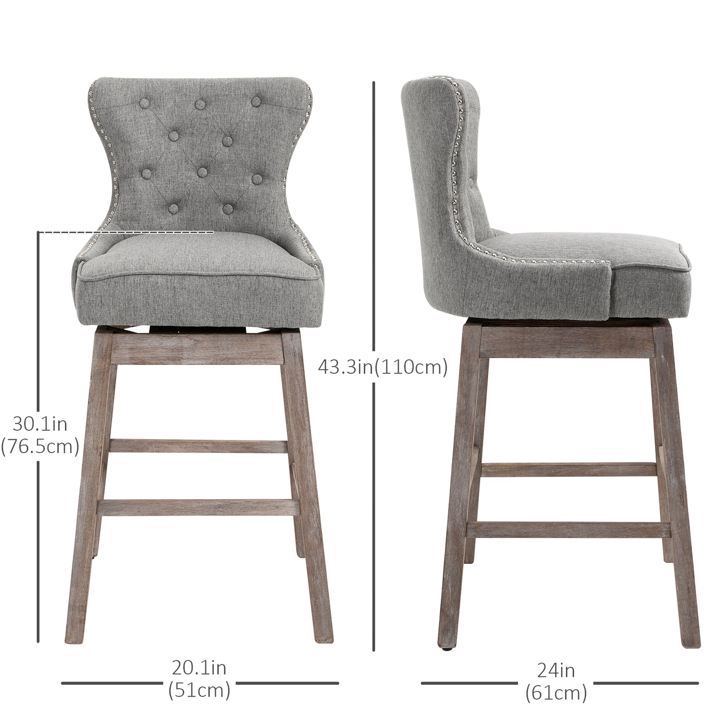 Bar Height Bar Stools Set of 2, 180° Swivel Kitchen Stools, Upholstered Nailhead-Trim Bar Chair, 30" Seat Height with Rubber Wood Legs, Grey