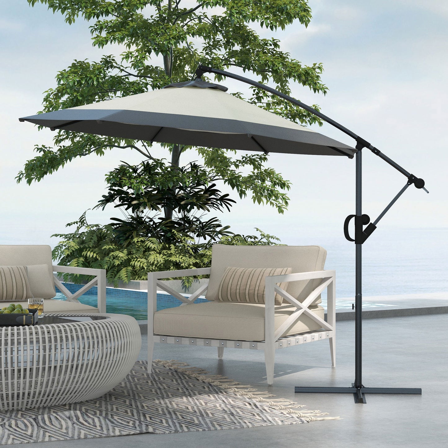 10 FT Cantilever Umbrella, Round Hanging Offset Umbrella with Crank, Tilt and Cross Base for Garden, Backyard, Grey