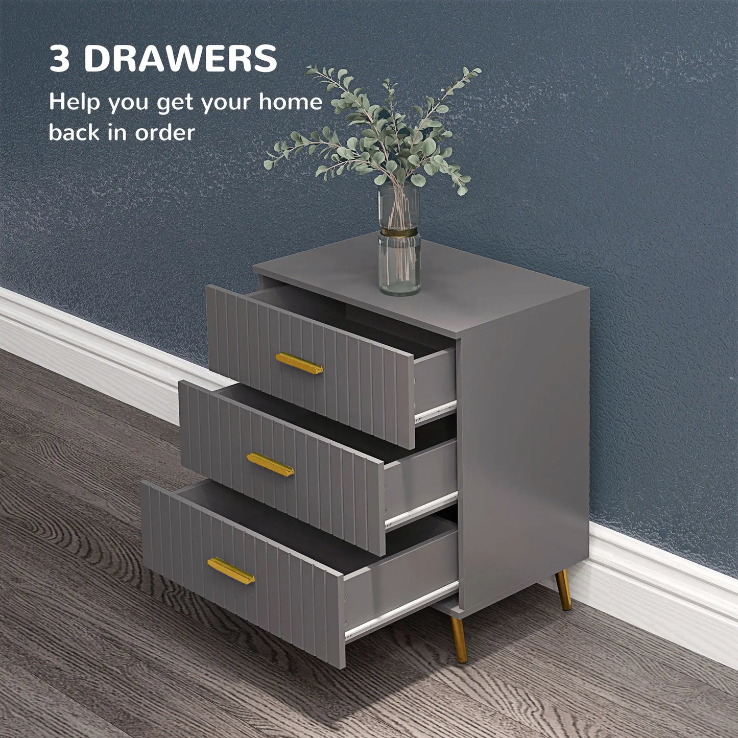 3 Drawer Drawer Chest with Aluminium Legs and Gold Handles, in Dark Grey