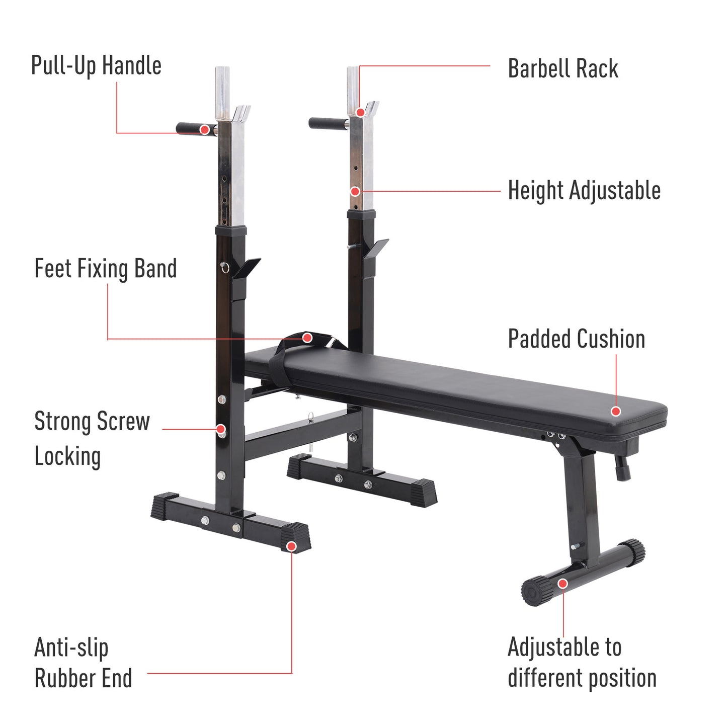 Adjustable Weight Bench With Barbell Rack, Folding Strength Training Lifting Home Gym, Leather Padded Workout Stand