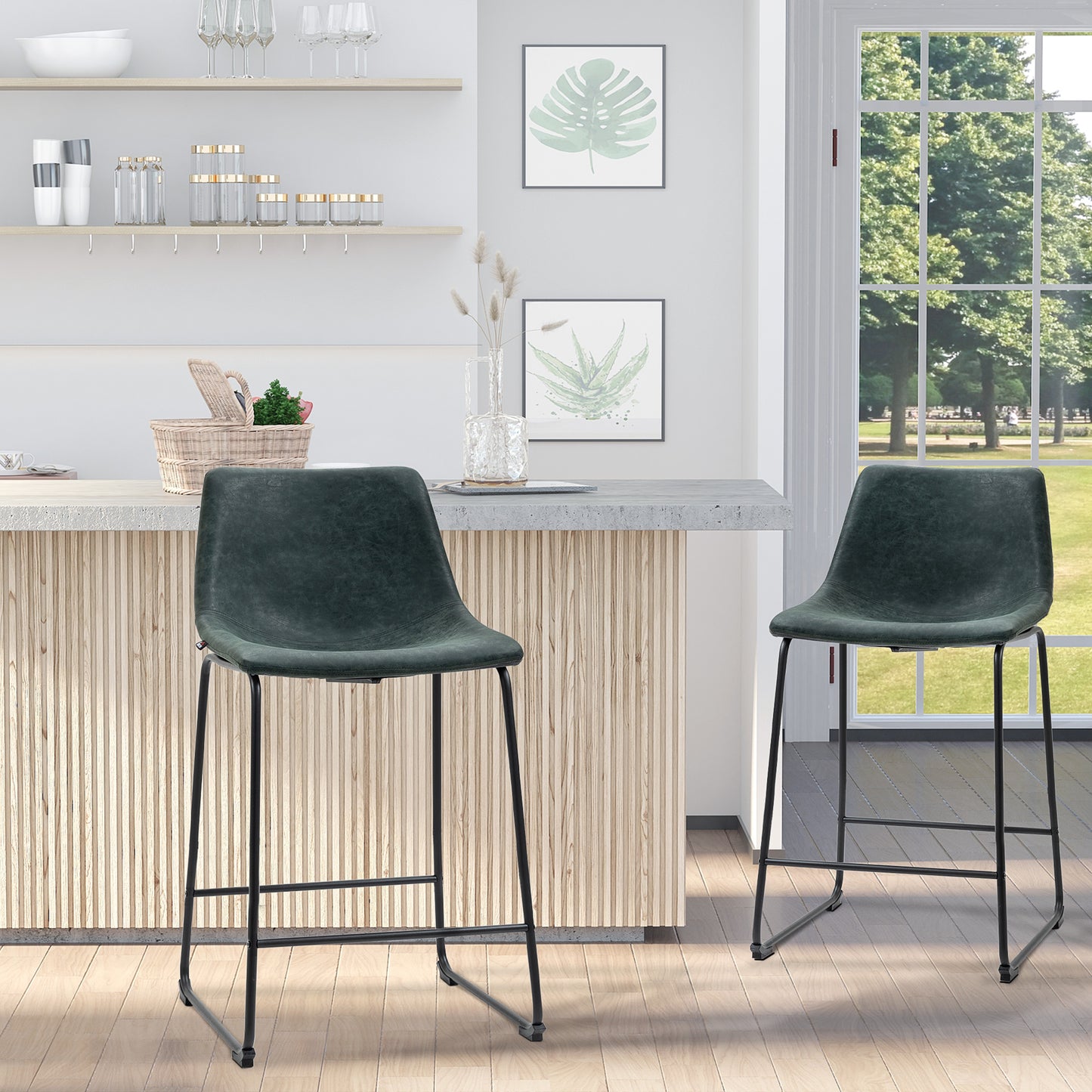 ounter Height Bar Stools Set of 2, Vintage PU Leather Bar Chairs, Kitchen Stool with Footrest for Home Bar Green