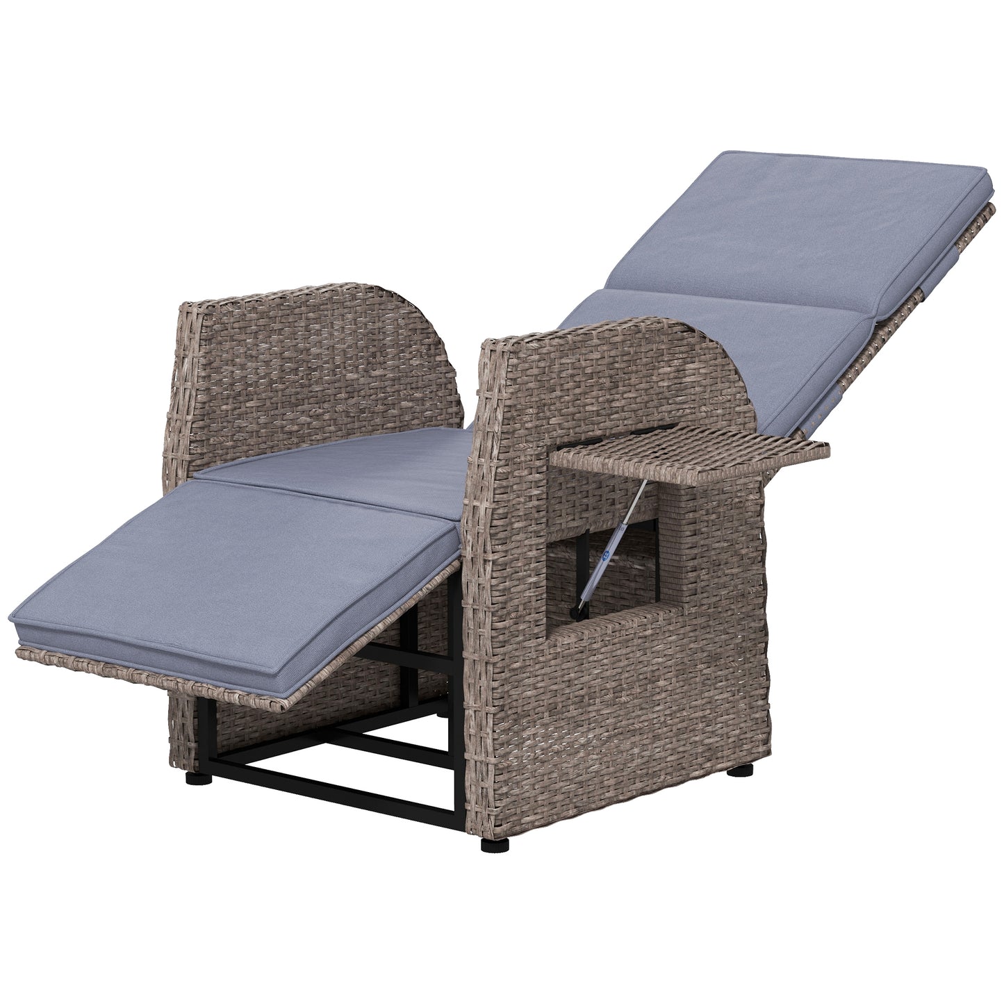 Outdoor Recliner Chair with Adjustable Backrest & Footrest, Cushion, Side Tray, Grey