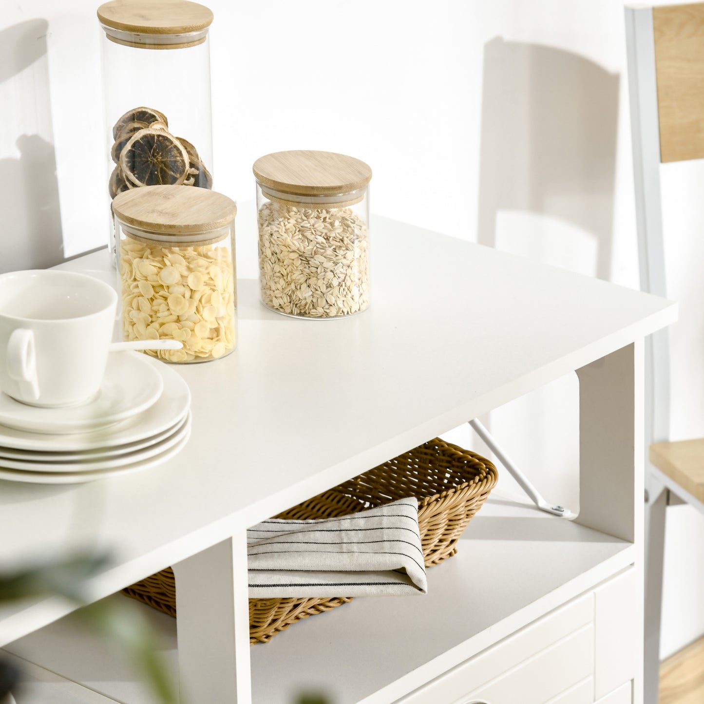 Sideboard Buffet Cabinet, Coffee Bar Cabinet, Kitchen Cabinet with Storage Drawers, Large Tabletop and Crossbar Side Design, White