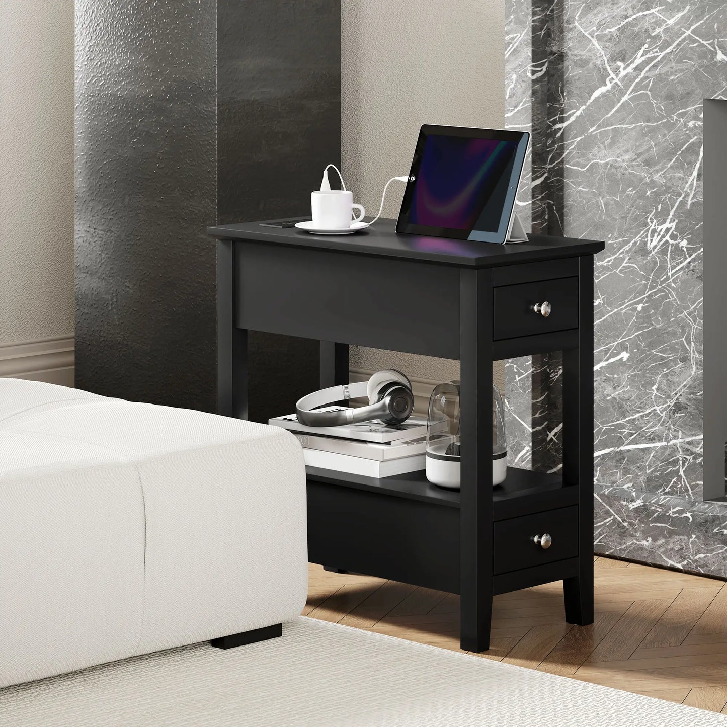 Narrow Side Table with Charging Station, USB Ports, Modern End Table with Storage Shelf, Drawers for Living Room, Black