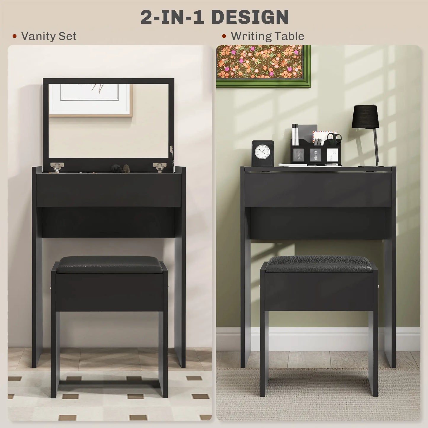 Modern Vanity Set with Makeup Table and Cushioned Stool, with Flip Top and Mirror, in Black