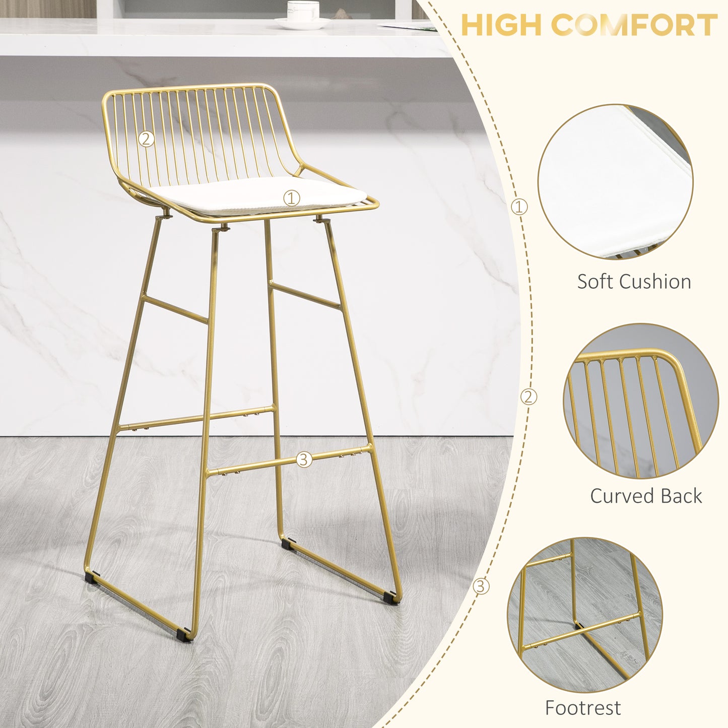 Bar Stools Set of 2, Metal Wire Bar Height Barstools, Bar Chairs for Kitchen with Removable Cushion, Back and Footrest, Gold