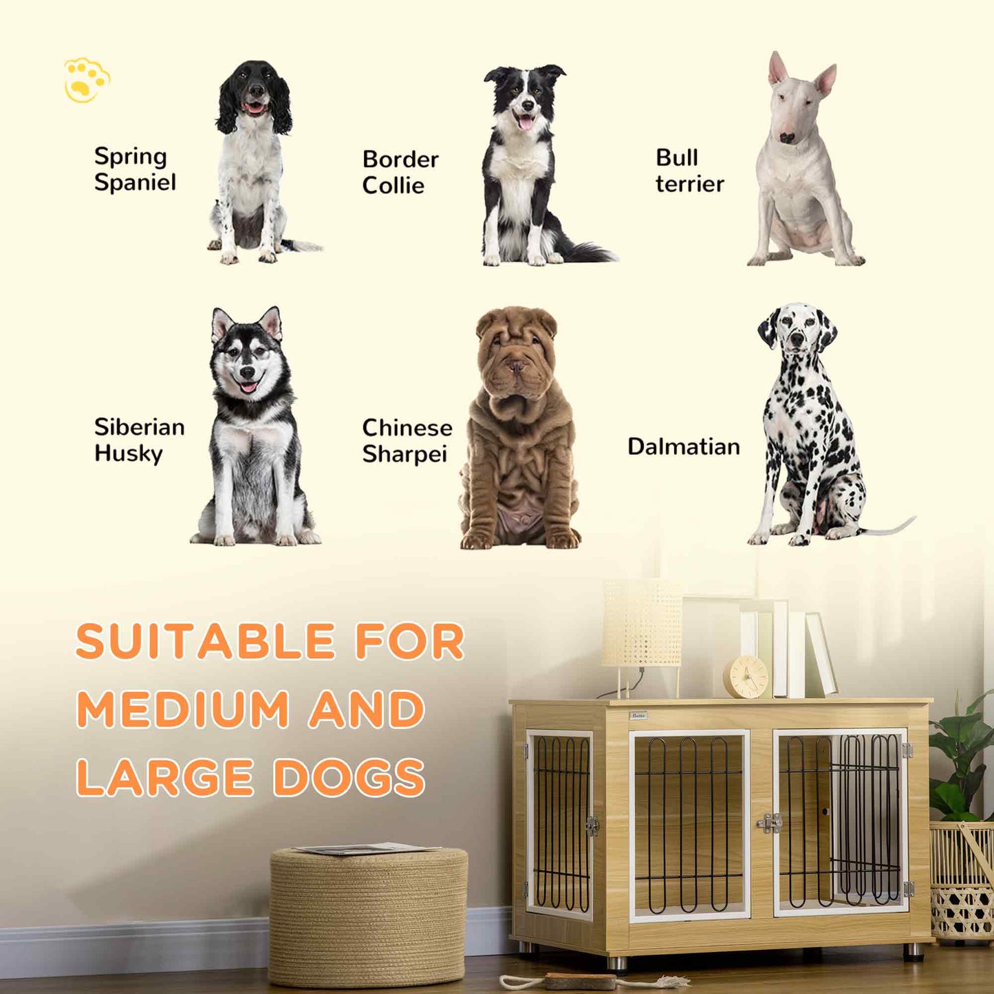 Pet Crate End Table with Soft Cushion, Double-Door Dog Crate Furniture for Medium Large Dogs, Wooden Wire Pet Kennel for Indoor Use