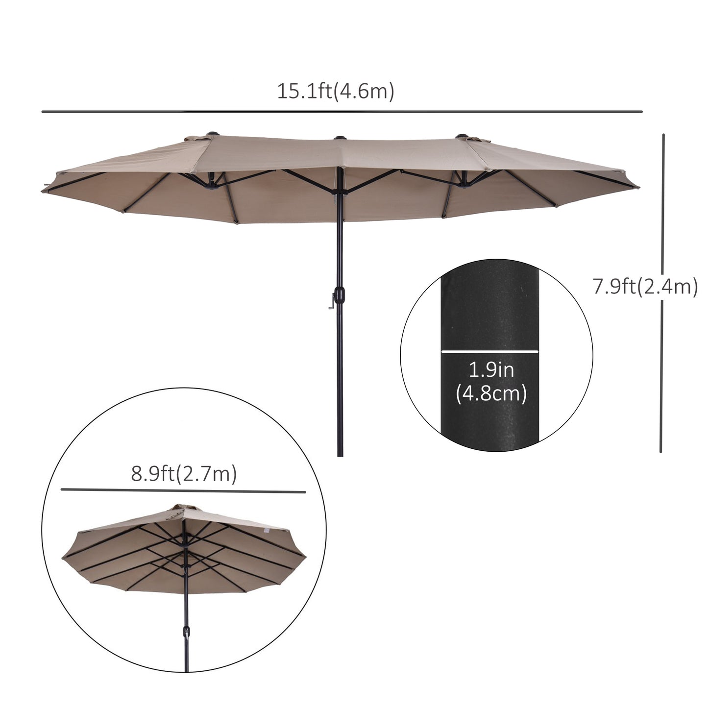 15' Outdoor Patio Umbrella with Twin Canopy Sunshade Steel Table Umbrella with Lift Crank Tan