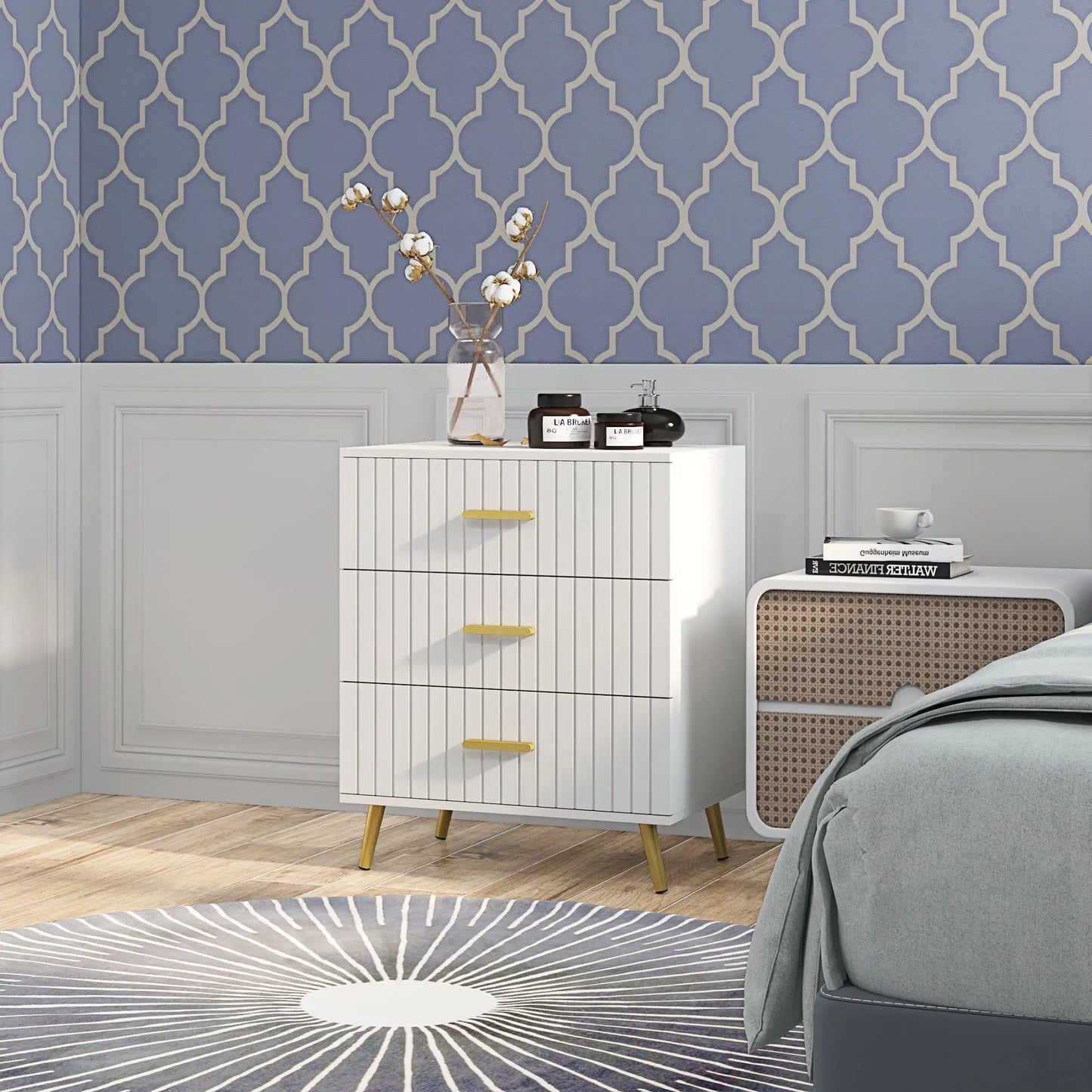 3 Drawer Drawer Chest with Aluminium Legs and Gold Handles, in White