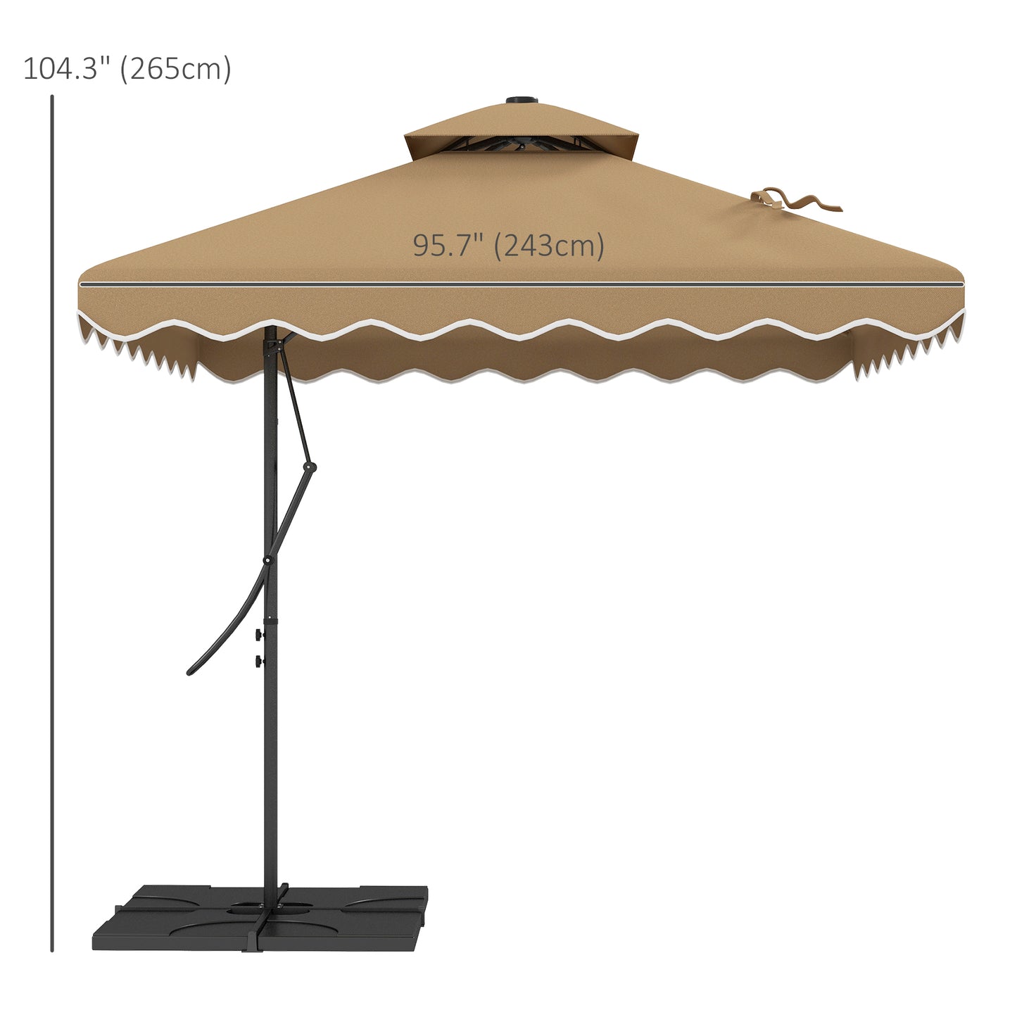 8' x 8' Square Double Top Offset Patio Umbrella Garden Parasol with Ruffles, Lever Handle and Weights, Khaki