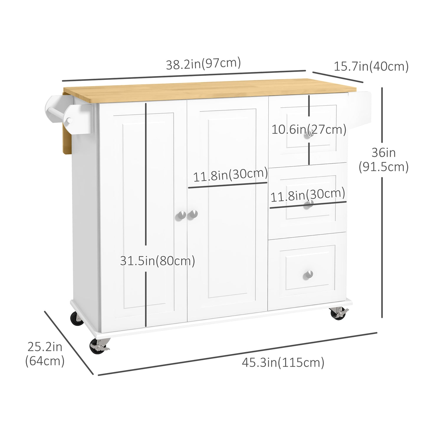 Kitchen Island with Drop Leaf, Rolling Kitchen Cart on Wheels with 3 Drawers, Cabinet, Natural Wood Top, Spice Rack and Towel Rack, White