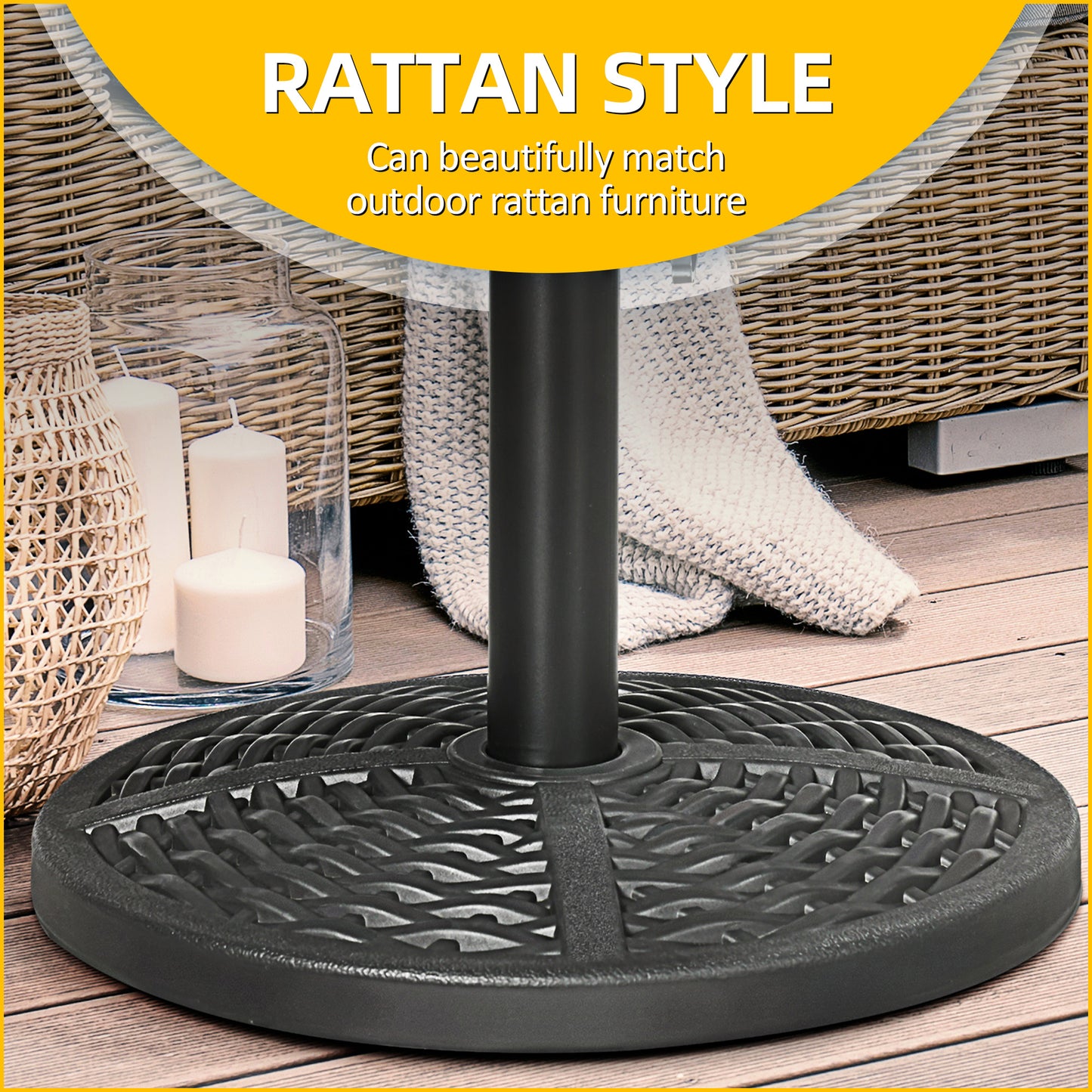 18" Market Umbrella Base Holder, Heavy Duty Round Parasol Stand with Rattan Design for Patio, Black