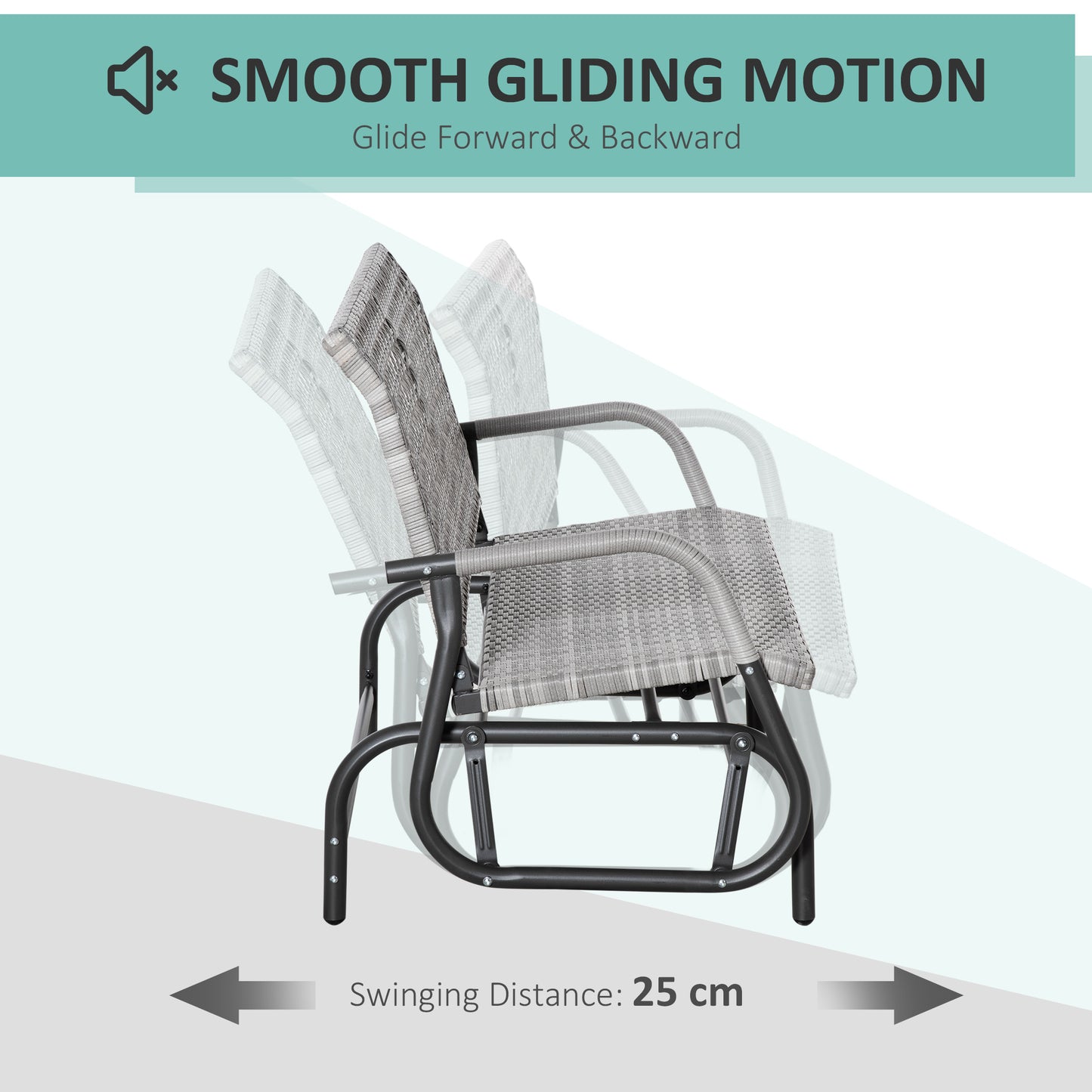 Outsunny 2 Person Patio Glider Rattan Outdoor Swing Rocker Chair Garden Bench, Garden Loveseat Rocking, w/Extra Wide Seat & Curved Backrest for Backyard, Poolside, Lawn, Mixed Grey