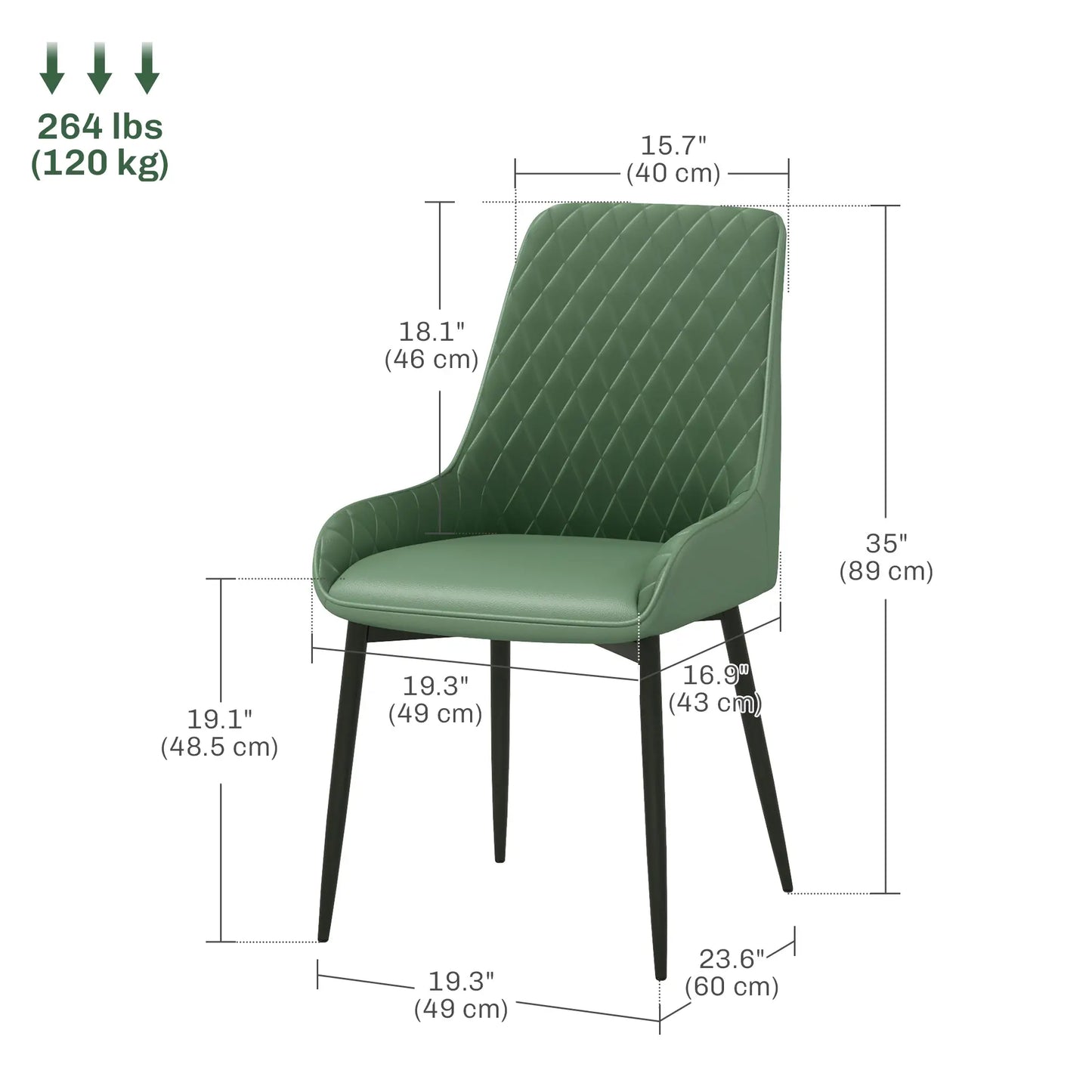 Modern Dining Chairs Set of 2, PU Leather with Metal Legs, Green