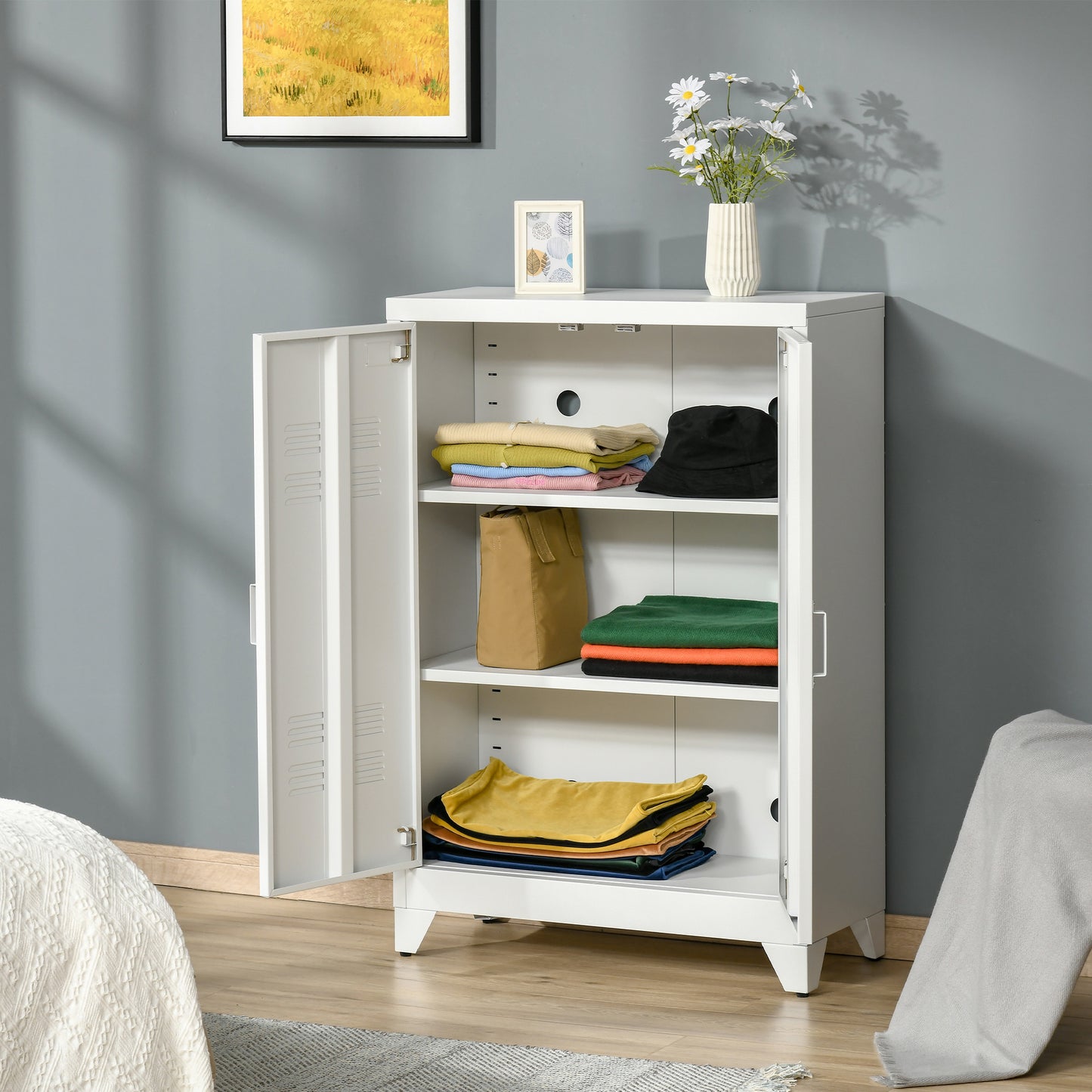 Metal Storage Cabinet, Industrial style with 2 Louvered Doors, Adjustable Shelves for Living Room, White