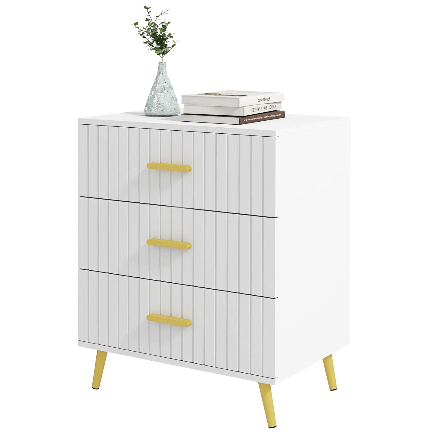 3 Drawer Drawer Chest with Aluminium Legs and Gold Handles, in White