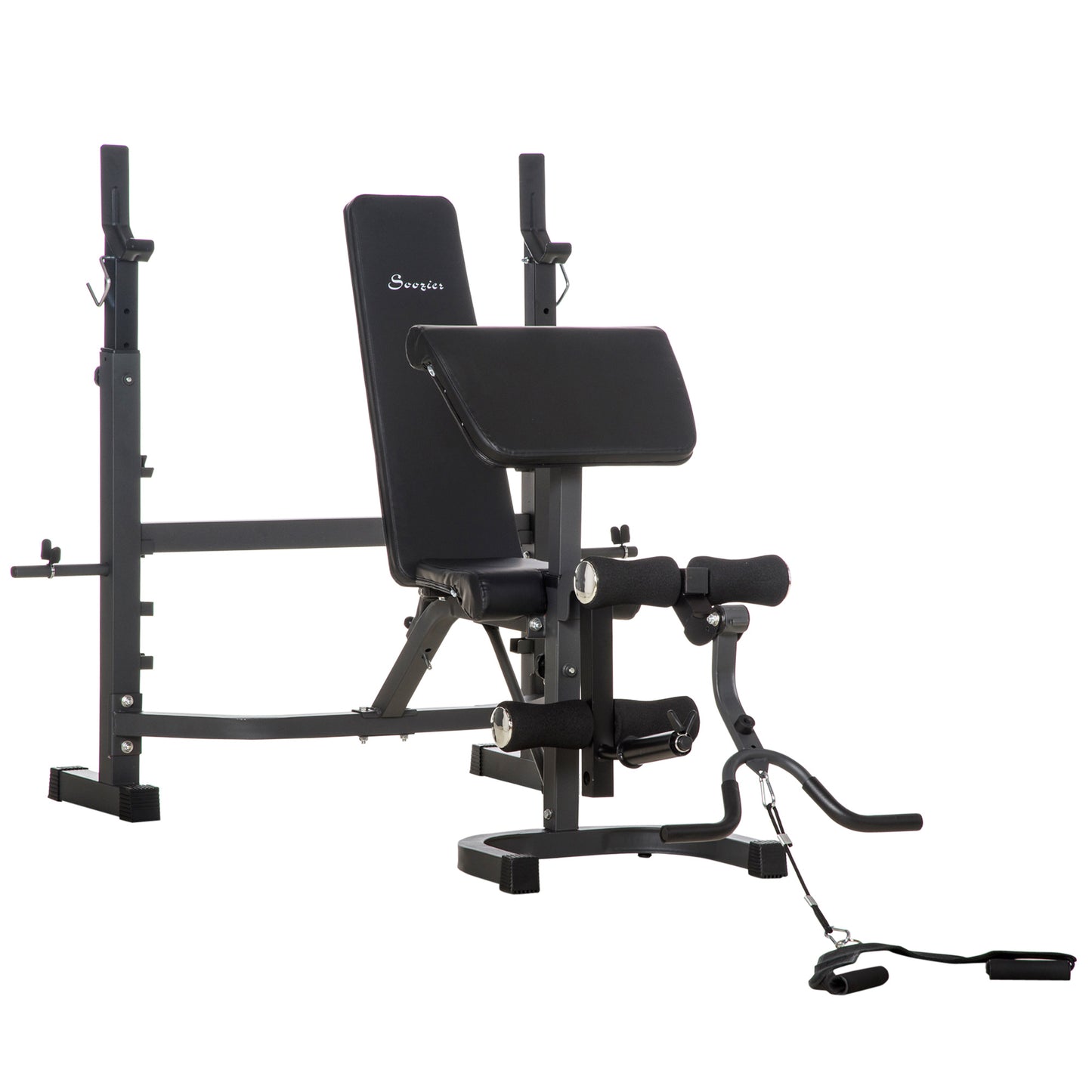 Soozier Weight Bench Stand with Squat Rack, Adjustable Olympic Bench, Multifunctional Arm Curl Pad, Leg Extension, Grey