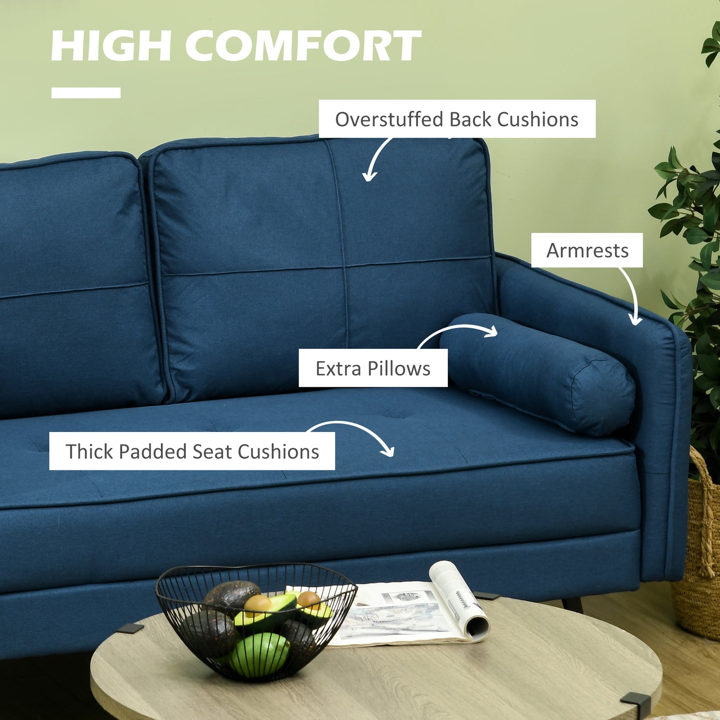 56" Loveseat Sofa with Back Cushions and Pillows, Blue