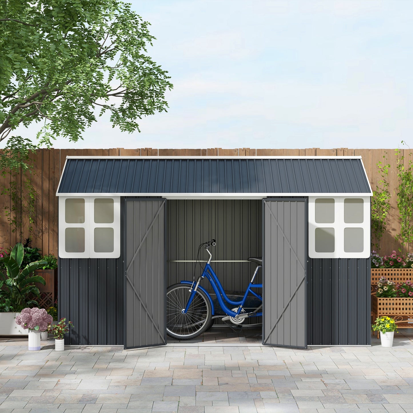 Outsunny 12' x 5.5' Metal Garden Storage Shed, Outdoor Tool Storage House with Lockable Door, Vents, Sloped Roof, Dark Grey