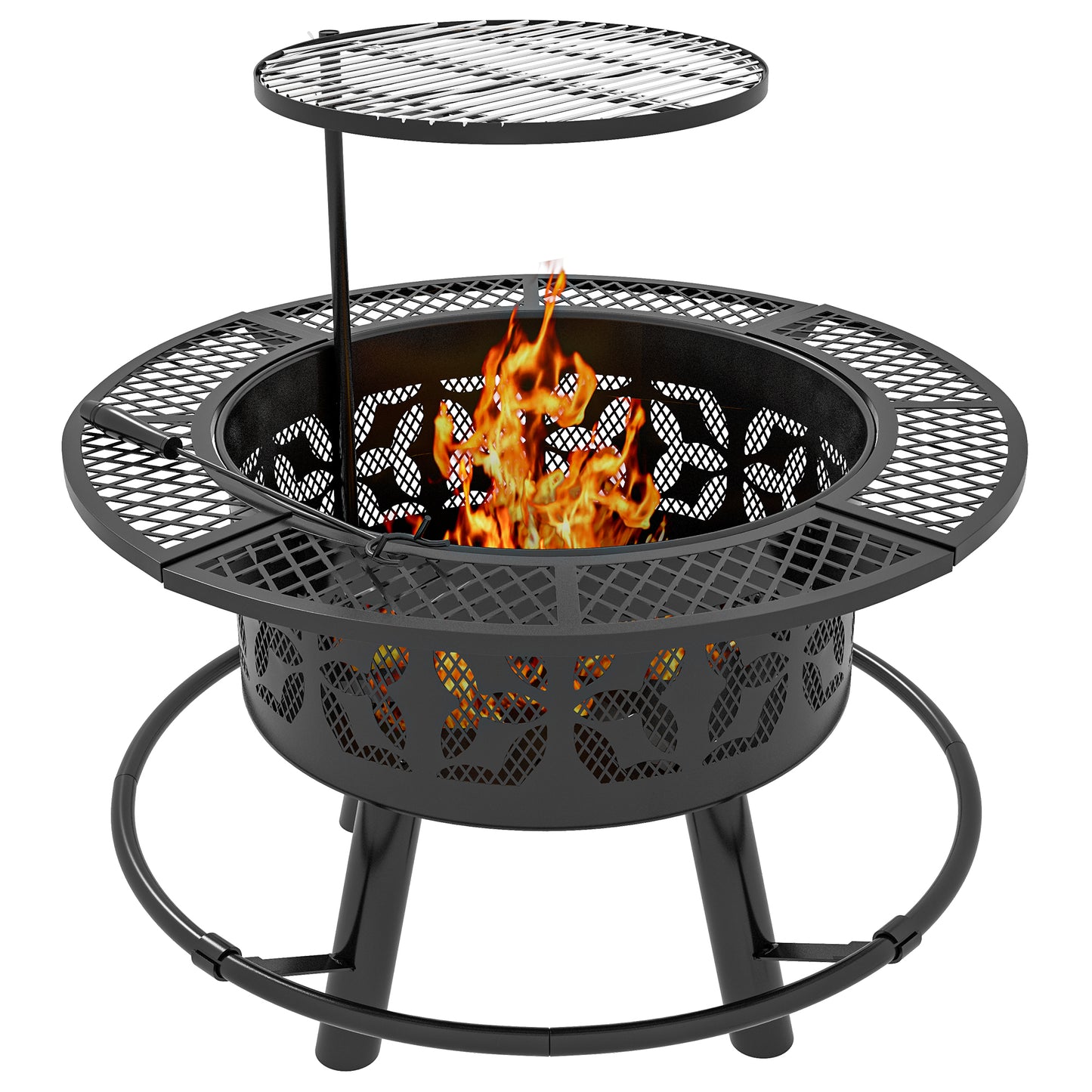 Wood Burning Fire Pit Charcoal BBQ Grill, Portable Firepit with Adjustable Grill Grate, Pan and Poker, 33", Black