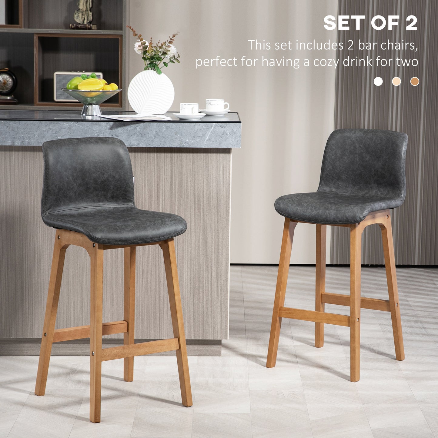 Modern Bar Stools Set of 2, Counter Height Bar Chair with PU Leather Wooden Frame Padding Seats for Dining Room Home Bar, Grey