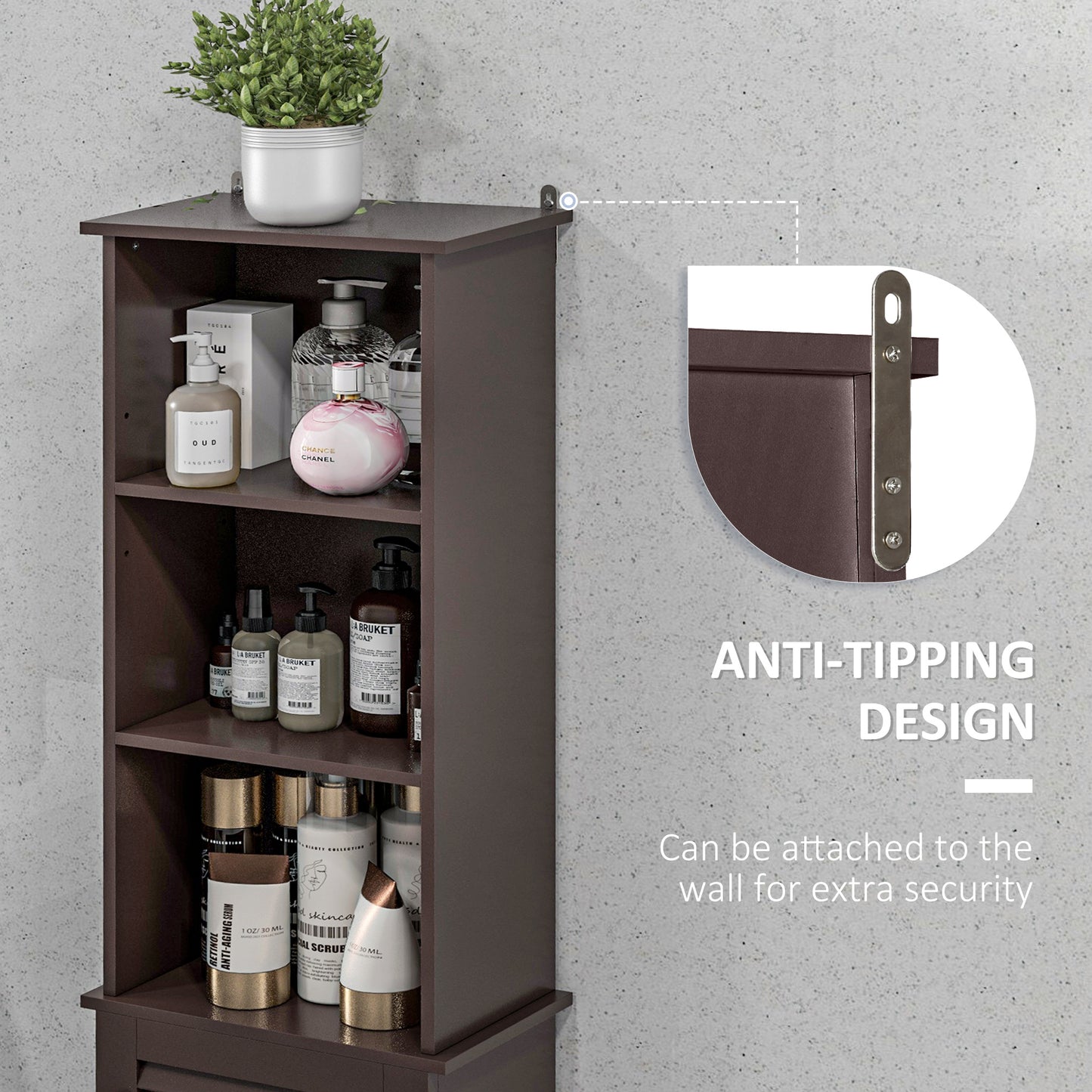 Tall Bathroom Storage Cabinet, Freestanding Linen Tower with 3-Tier Open Adjustable Shelf and Cupboard, Dark Brown