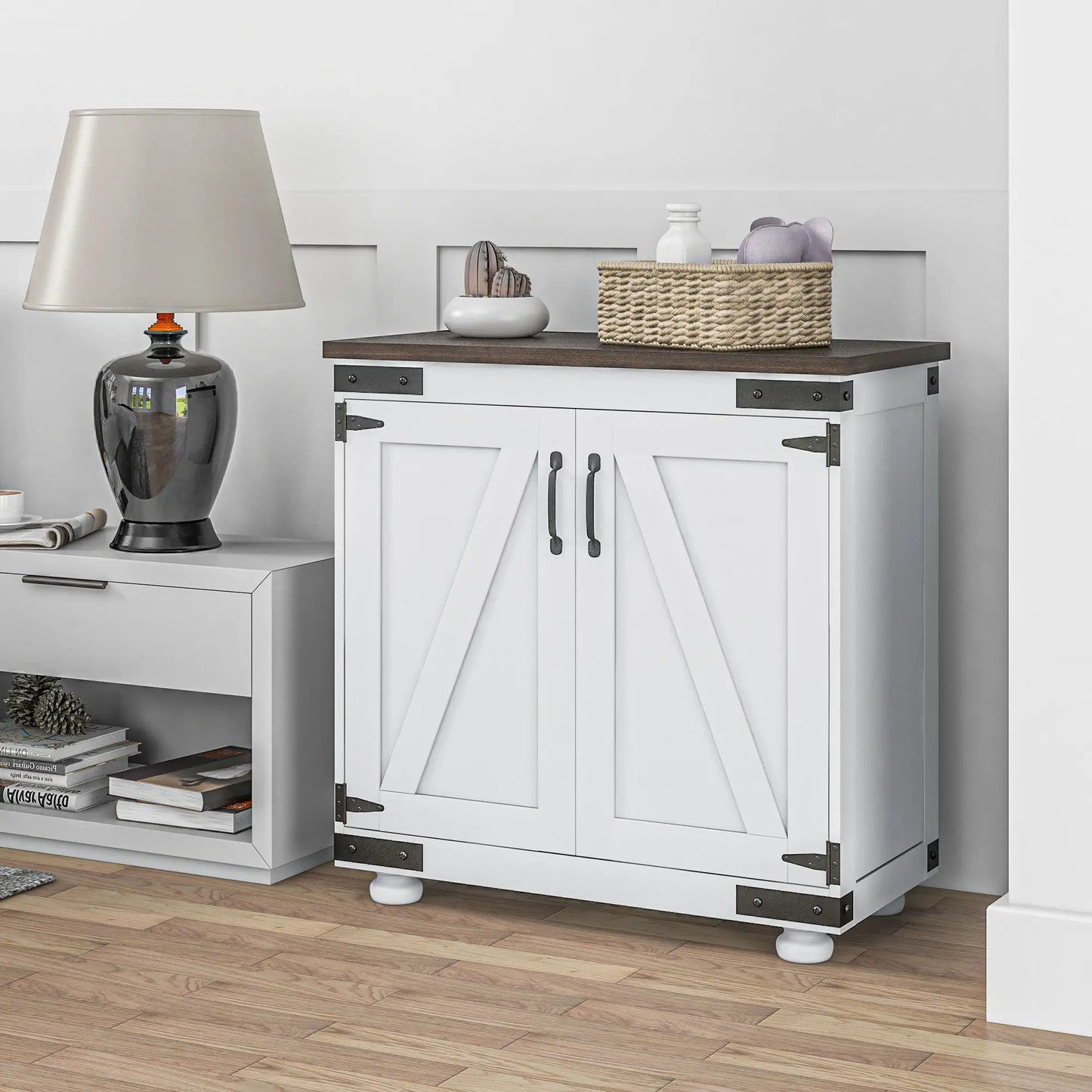 Small Sideboard Buffet or Entryway Storage Cabinet with Barn Door and Adjustable Shelves, White and Brown