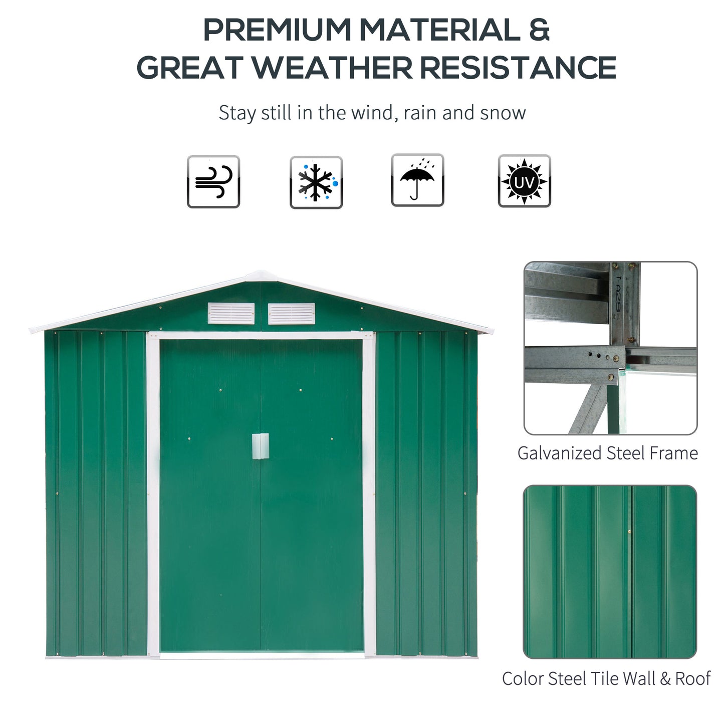 7' x 4.3' x 6.1' Garden Storage Shed Outdoor Patio Yard Metal Tool Storage House w/ Floor Foundation and Double Doors Green