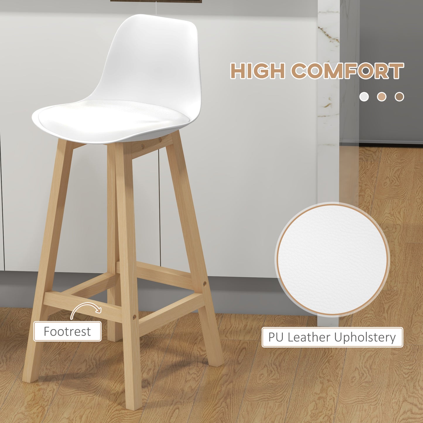 Bar Height Stools Set of 2, PU Leather Upholstered Stools for Kitchen Island, Modern Bar Chairs with Backs, White