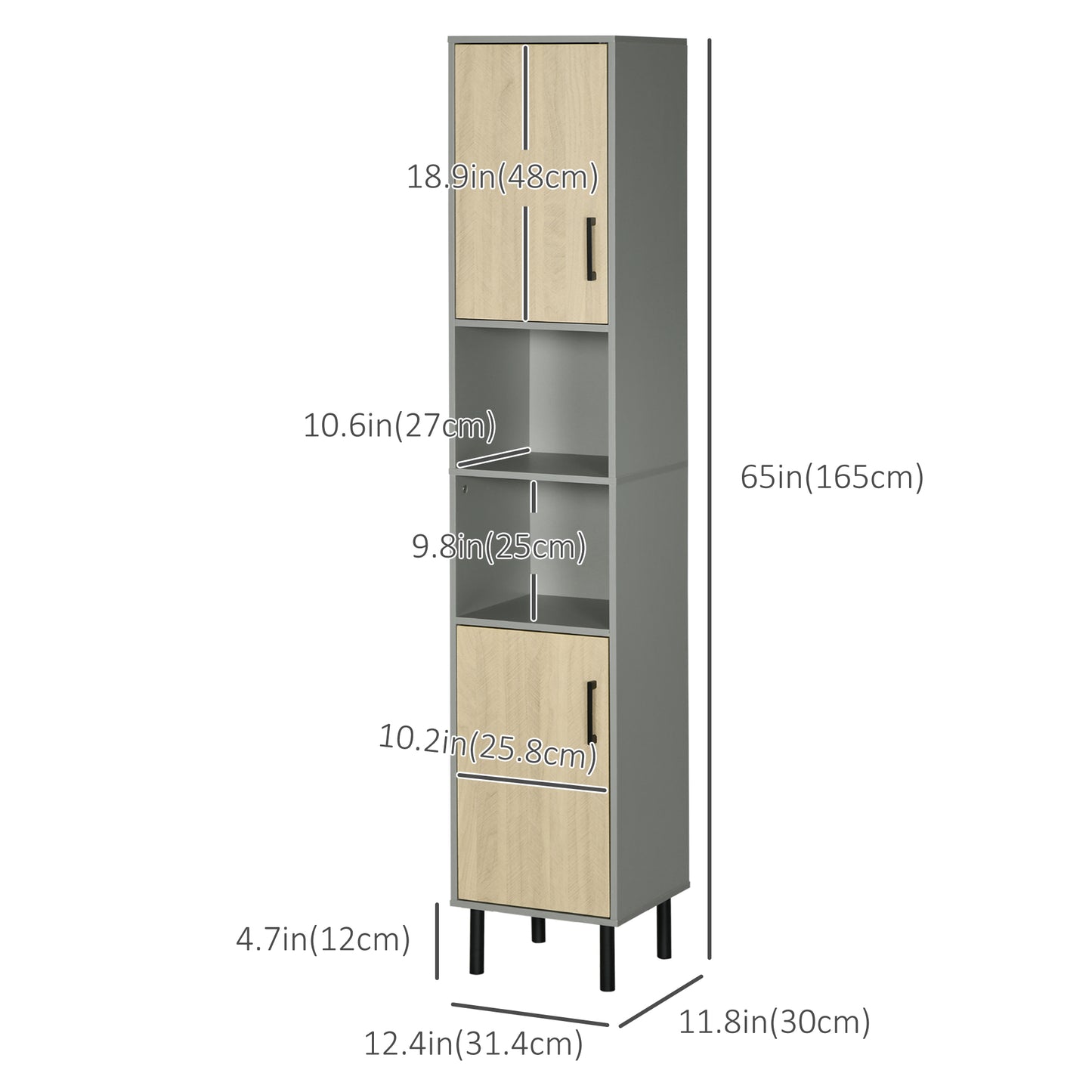 kleankin Tall Bathroom Storage, Linen Tower, Bathroom Cabinet with Doors, Shelves for Living Room Kitchen, 12.4"x11.8"x65"