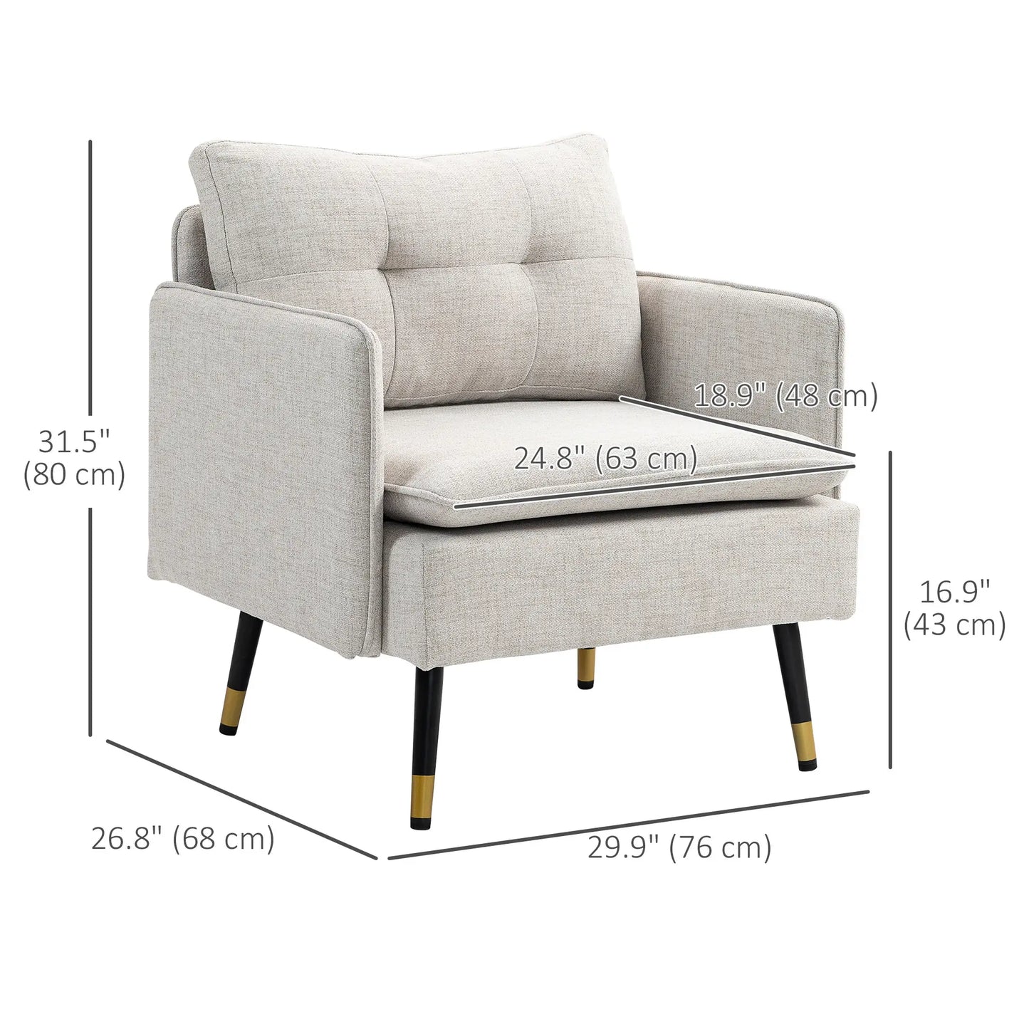 Modern Armchair, Upholstered Accent Chair with Tufted Back Cushion and Steel Legs in Cream White