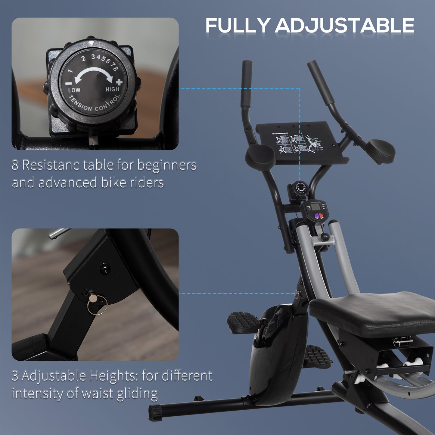 Ab Machine and Exercise Bike, Multi-functional Ab Workout Equipment Side Shaper w/ Three Adjustable Heights, 8-Level Adjustable Resistance and Two Wheels for Home Gym Strength Training