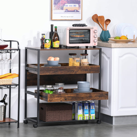 Industrial Kitchen Rolling Cart on Wheels, 4-Tier Utility Cart with Pull-out Open Shelves and Mesh Bottom, Microwave Stand for Dining & Living Room, Rustic Brown