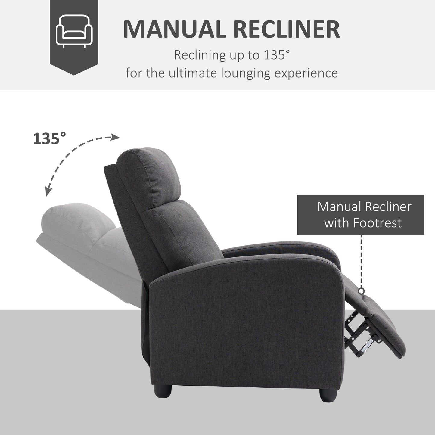 Fabric Recliner Chair Manual Home Theater Seating Single Reclining Sofa Chair with Padded Seat for Living Room, Dark Grey